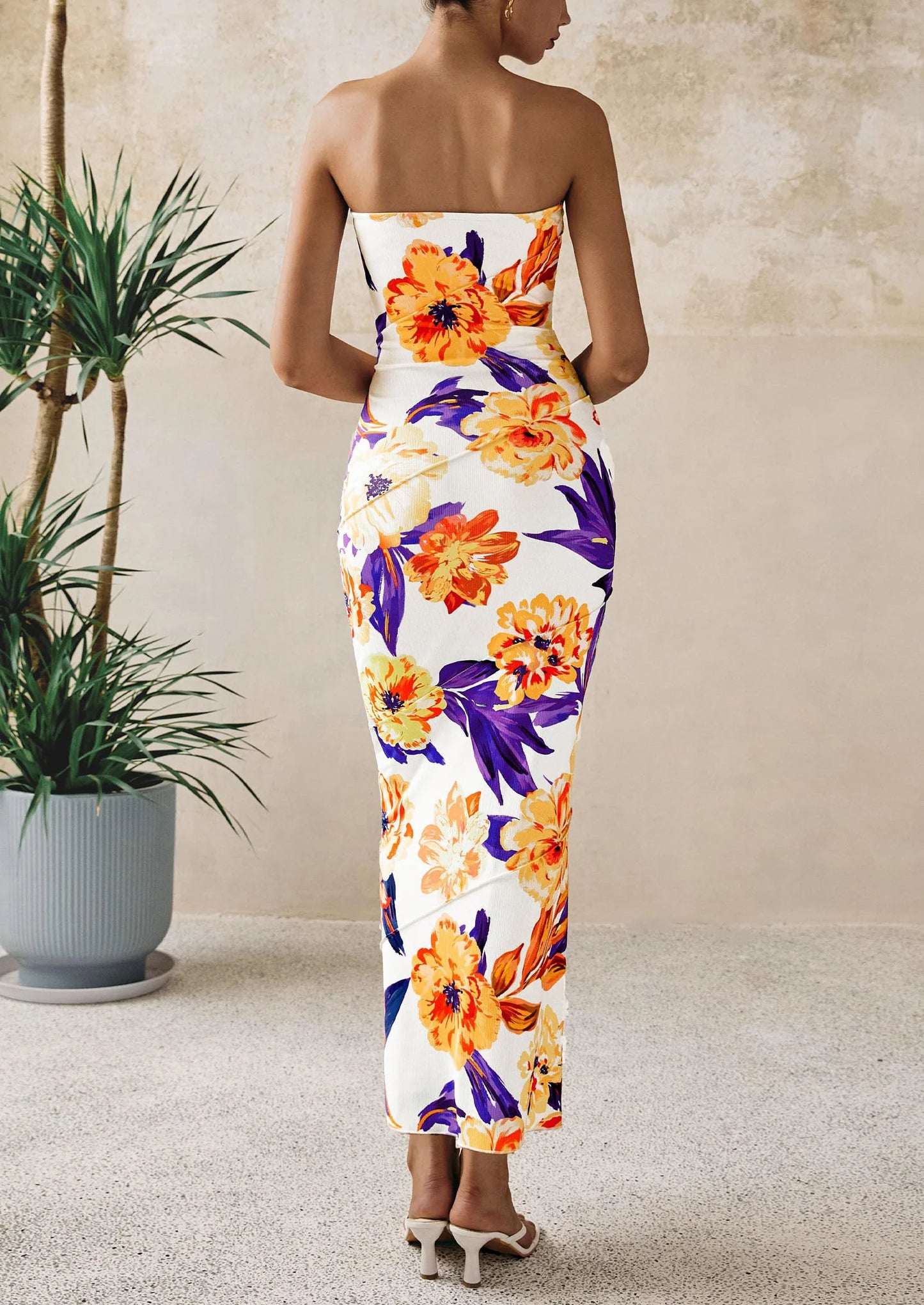 Women's Floral Bodycon Maxi Dresses Ribbed Strapless Tube Casual Boho Party Long Dress