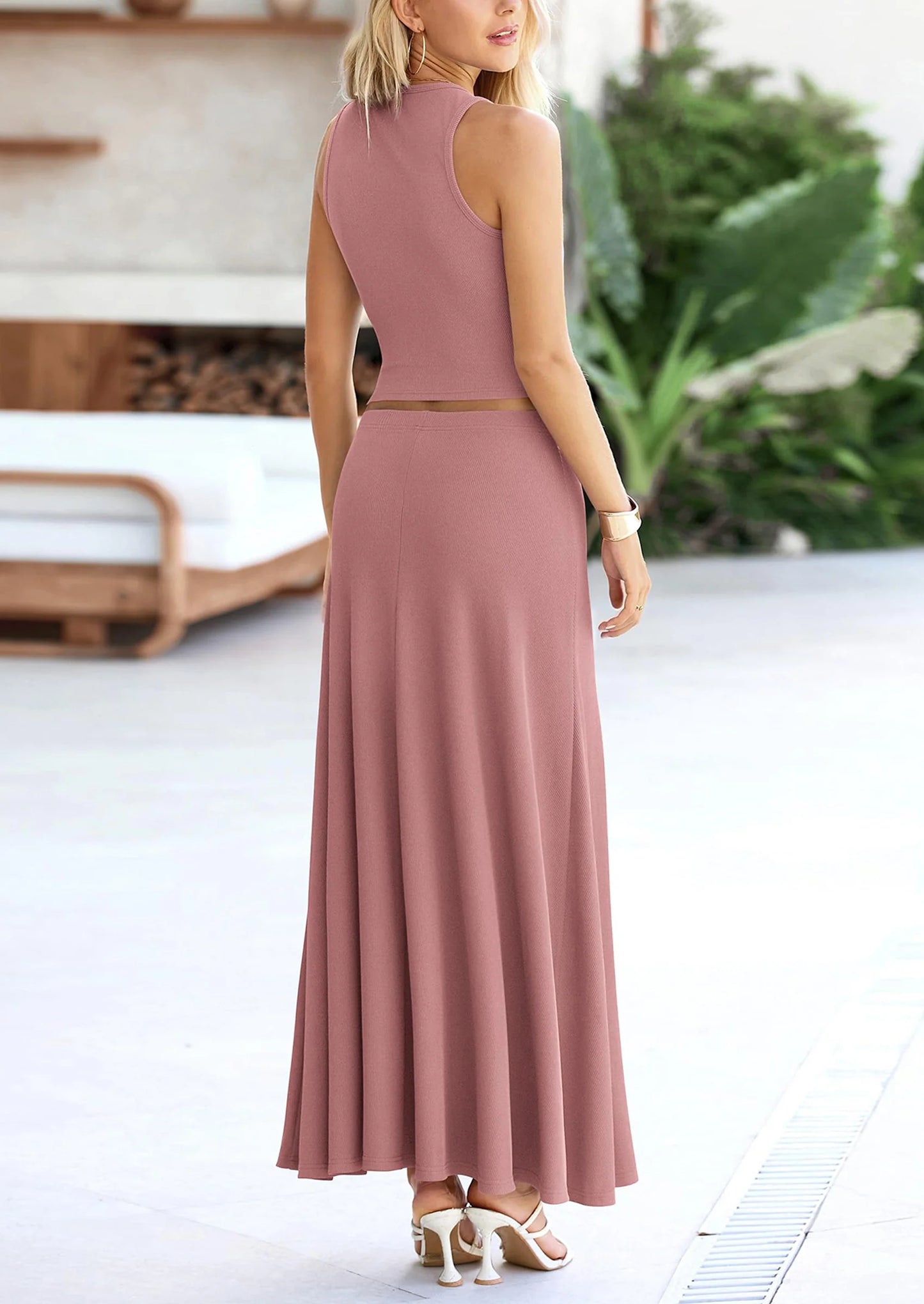 2 Piece Maxi Skirt Sets Casual Knit Cropped Tank Top High Waisted Long Skirts Outfit