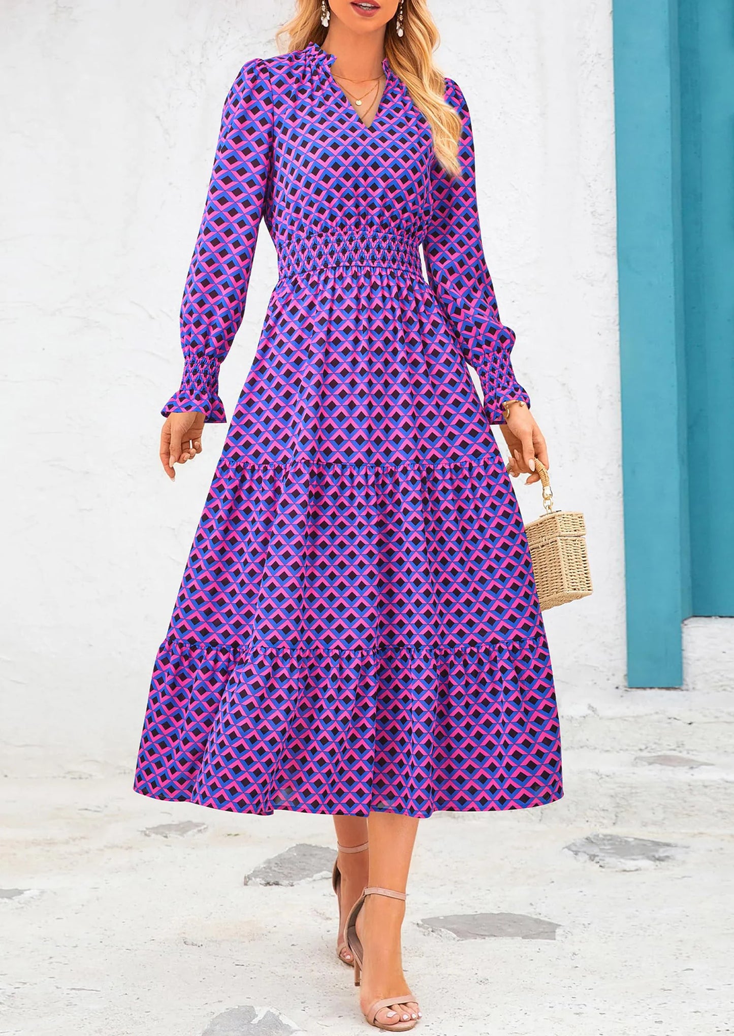 Women's Floral Maxi Dress Spring Long Sleeve V Neck Casual A Line Long Flowy Boho Party Dresses