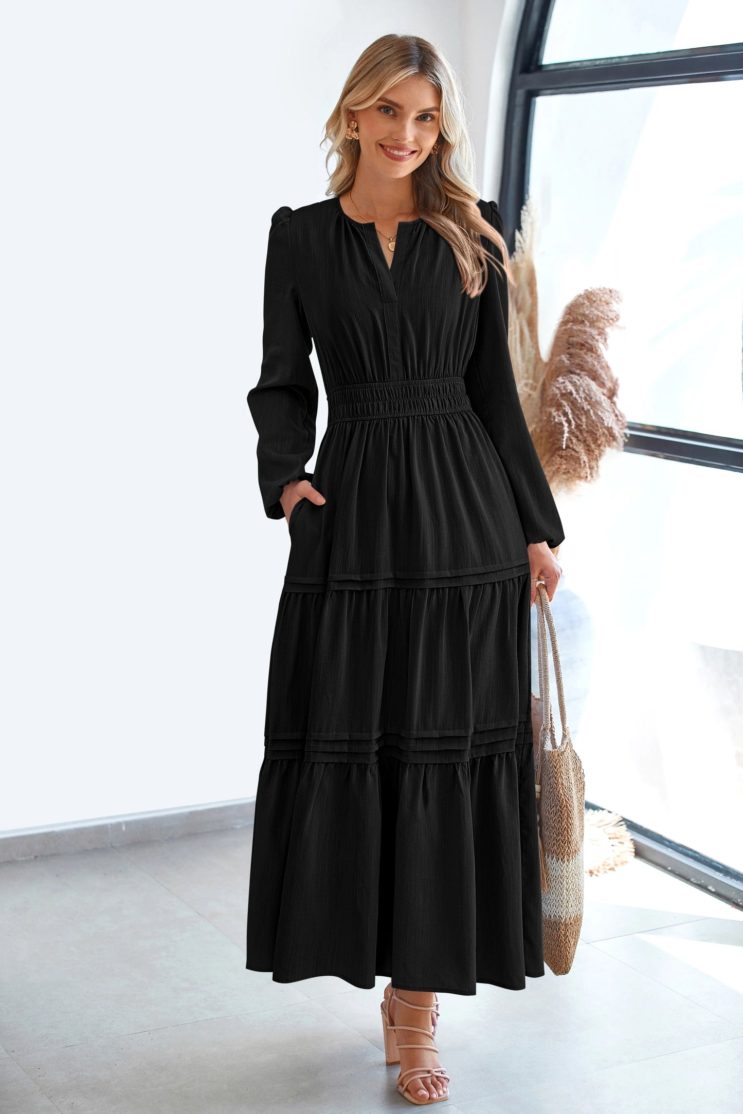 Women's Elegant Maxi Dresses Long Sleeve V Neck Flowy Pockets Casual Modest Dress Fall Fashion Clothes