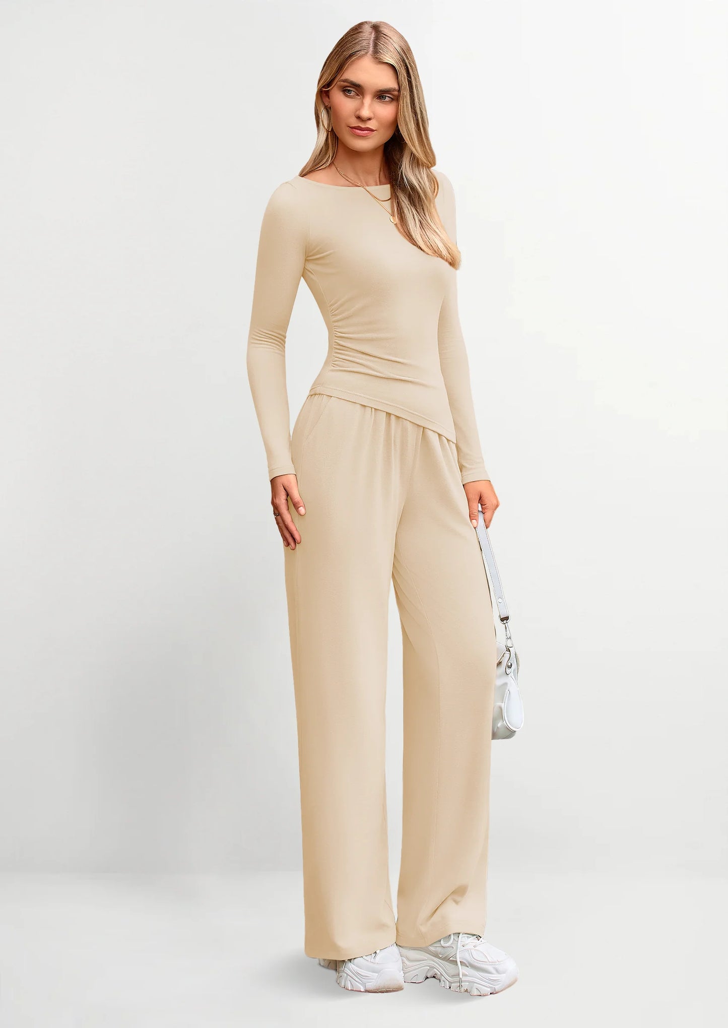 Women's 2 Piece Lounge Sets Asymmetrical Long Sleeve T Shirt Wide Leg Pants Casual Outfits Tracksuit
