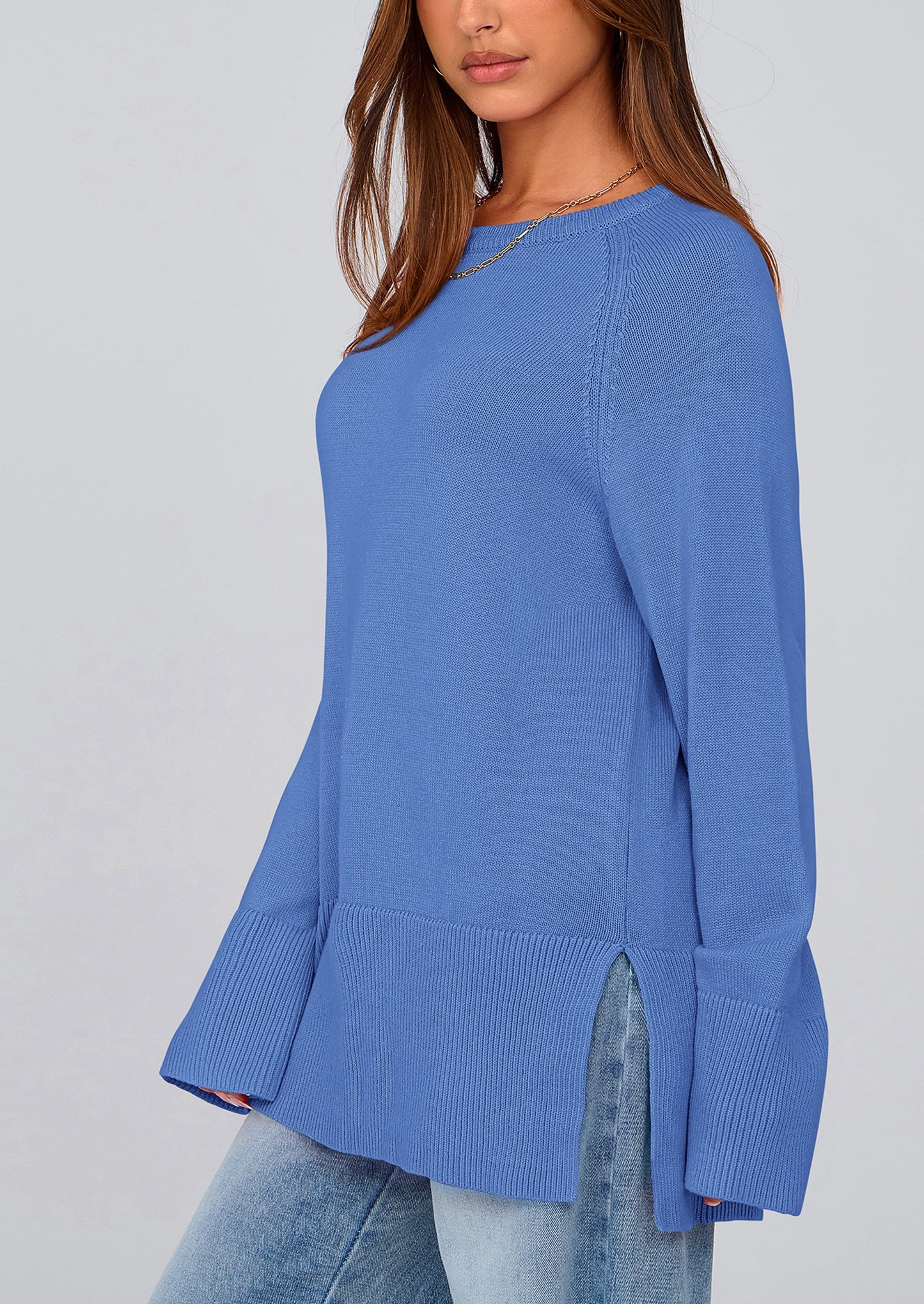 Women's Knit Fall Sweaters Long Sleeve Pullover Crewneck Split Hem Oversized Tunic Sweater Tops Winter Clothing