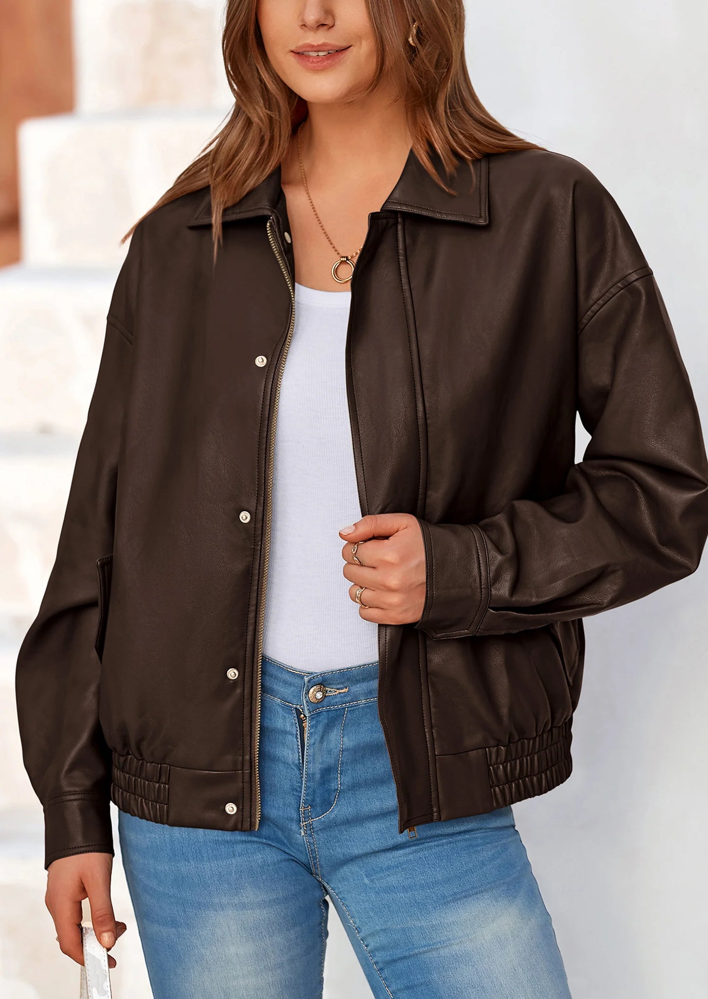 Women's Faux Leather Motorcycle Jacket Trendy Fall Spring Clothes Oversized Zip Up Winter Coat Outerwear