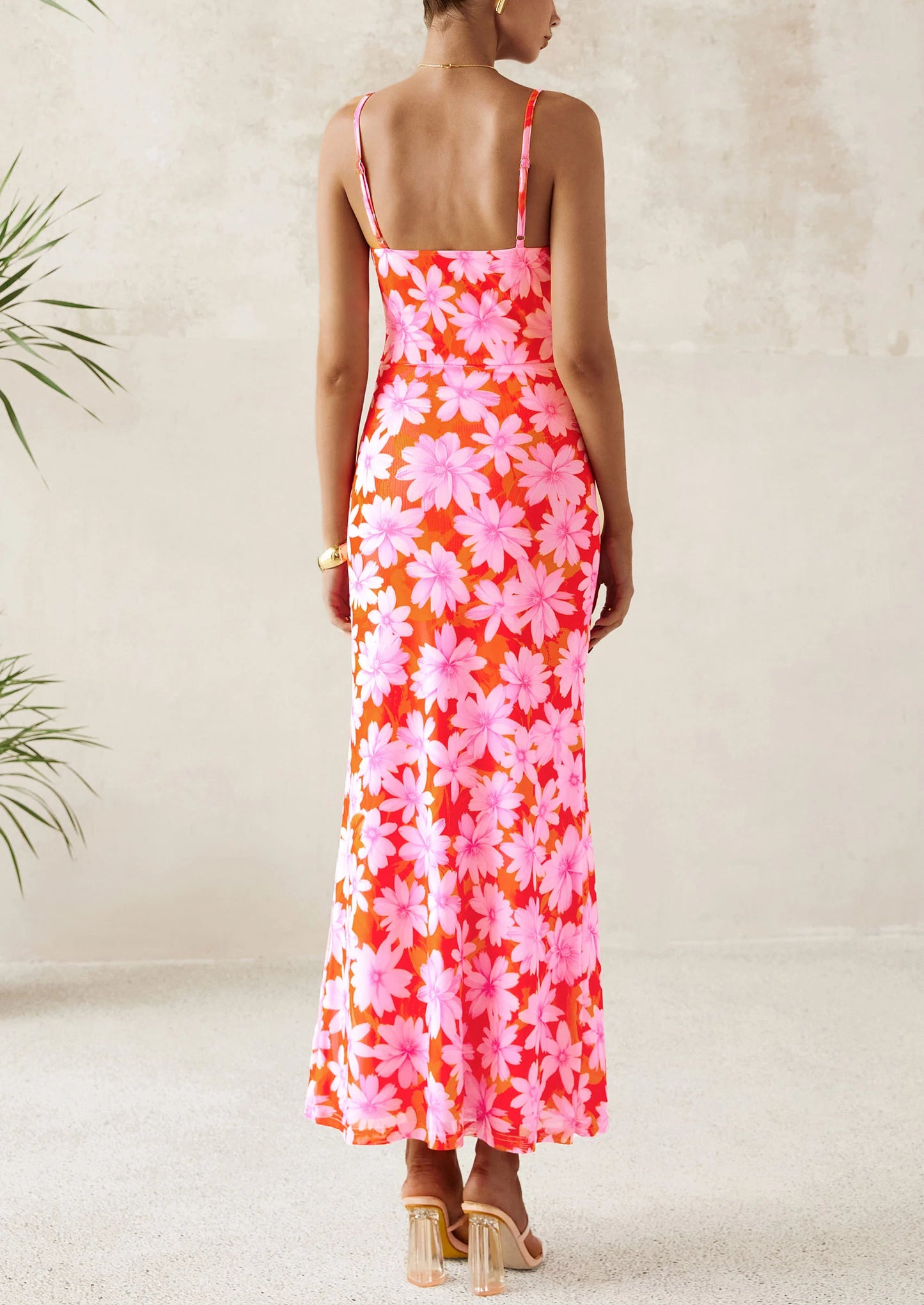 Women's Bodycon Maxi Dress Floral Sundress Sleeveless Spaghetti Strap Cocktail Party Dress