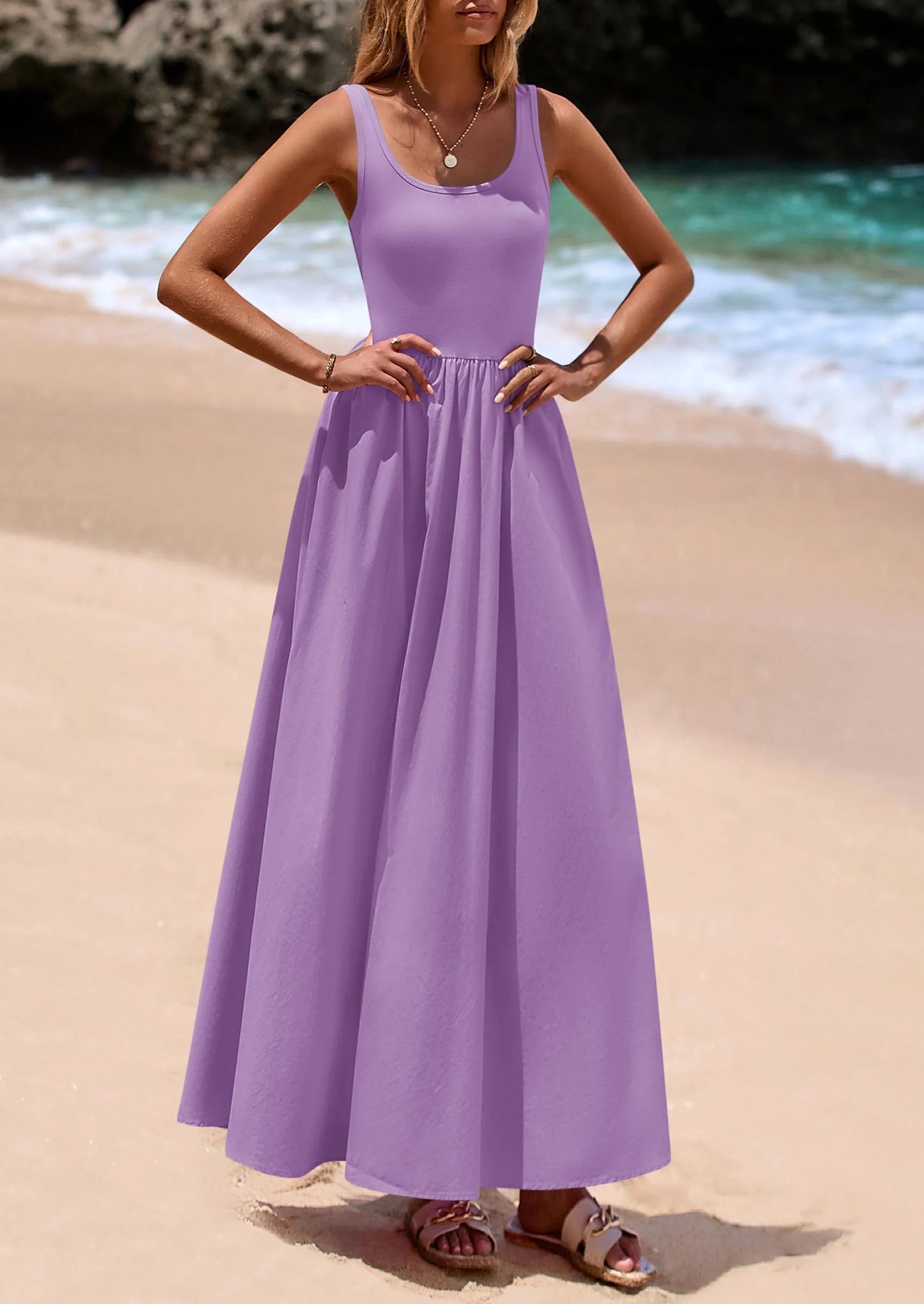 Womens Summer Casual Scoop Neck Sleeveless Long Dresses Tank Top Patchwork Aline Swing Maxi Dress with Pockets