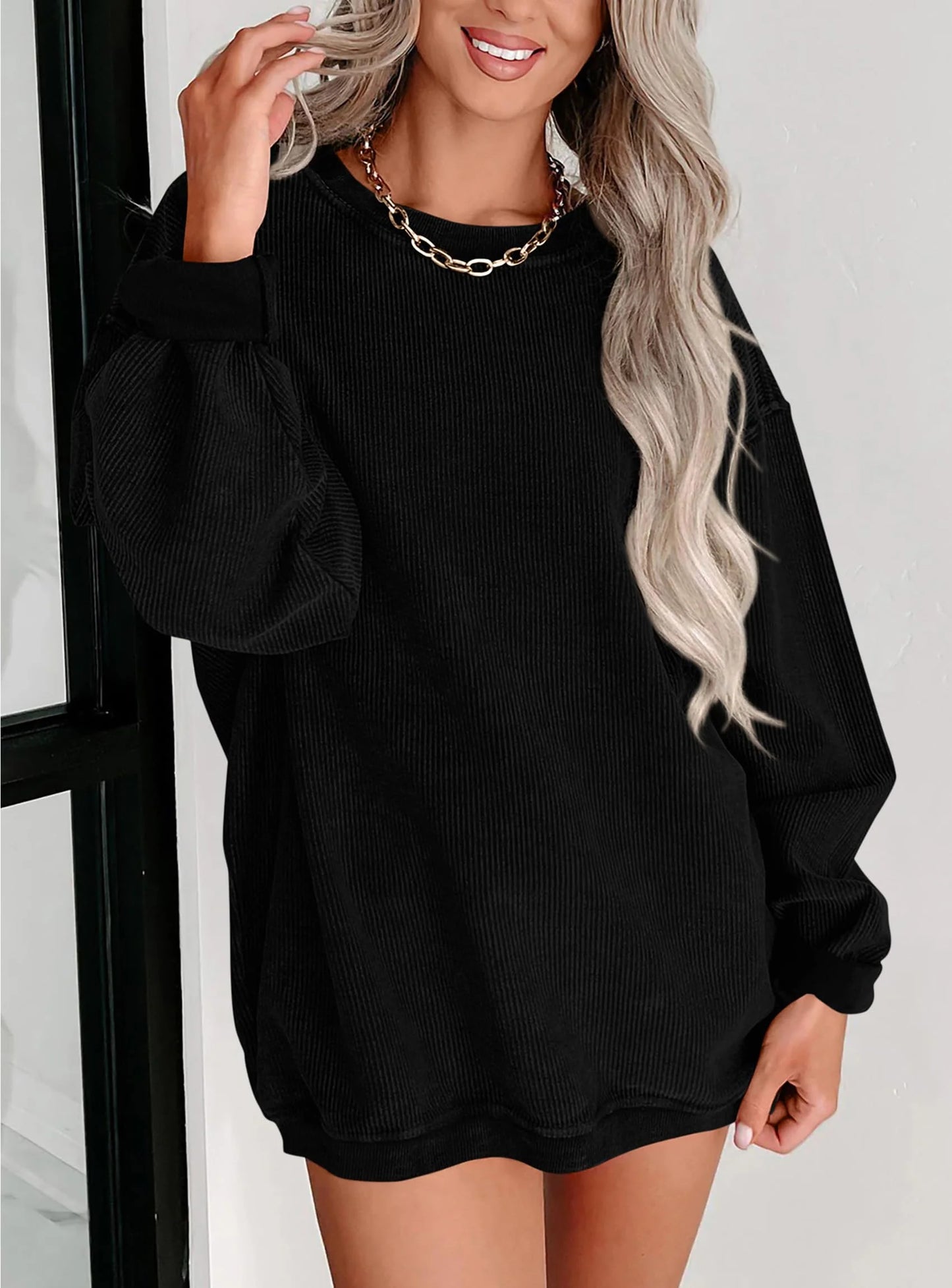Women's Oversized Sweatshirt 2025 Fall Fashion Clothes Ribbed Corduroy Long Sleeve Going Out Pullover Tops
