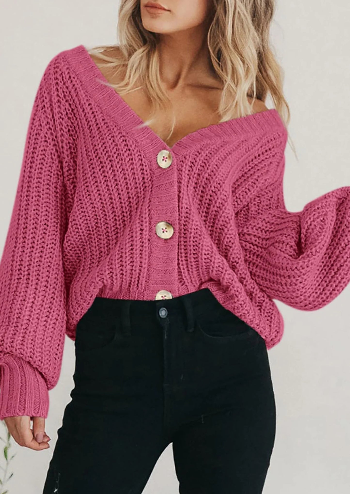 Women's Chunky Knit Open Front Sweater Long Sleeve Button Loose Short Cardigan Outerwear Coats