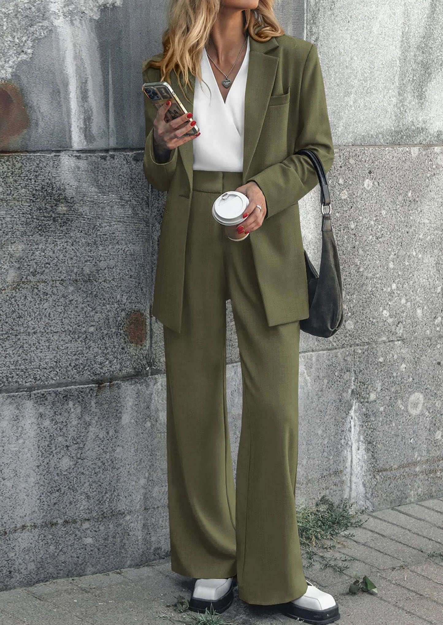 Women's Fall Two Piece Outfits Dressy Blazer Jacket and Wide Leg Pants Pockets Business Casual Office Suit Sets