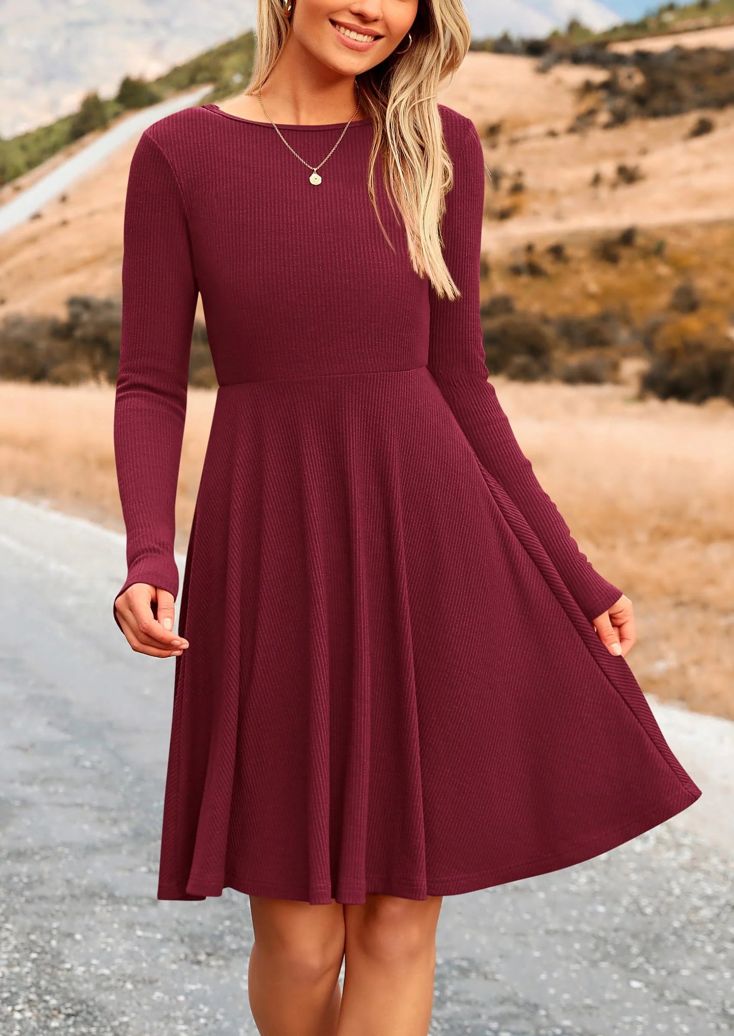 Women's Spring Fall Short Dress Ribbed Knit Crewneck Long Sleeve A Line Flowy Casual Elegant Going Out Dresses