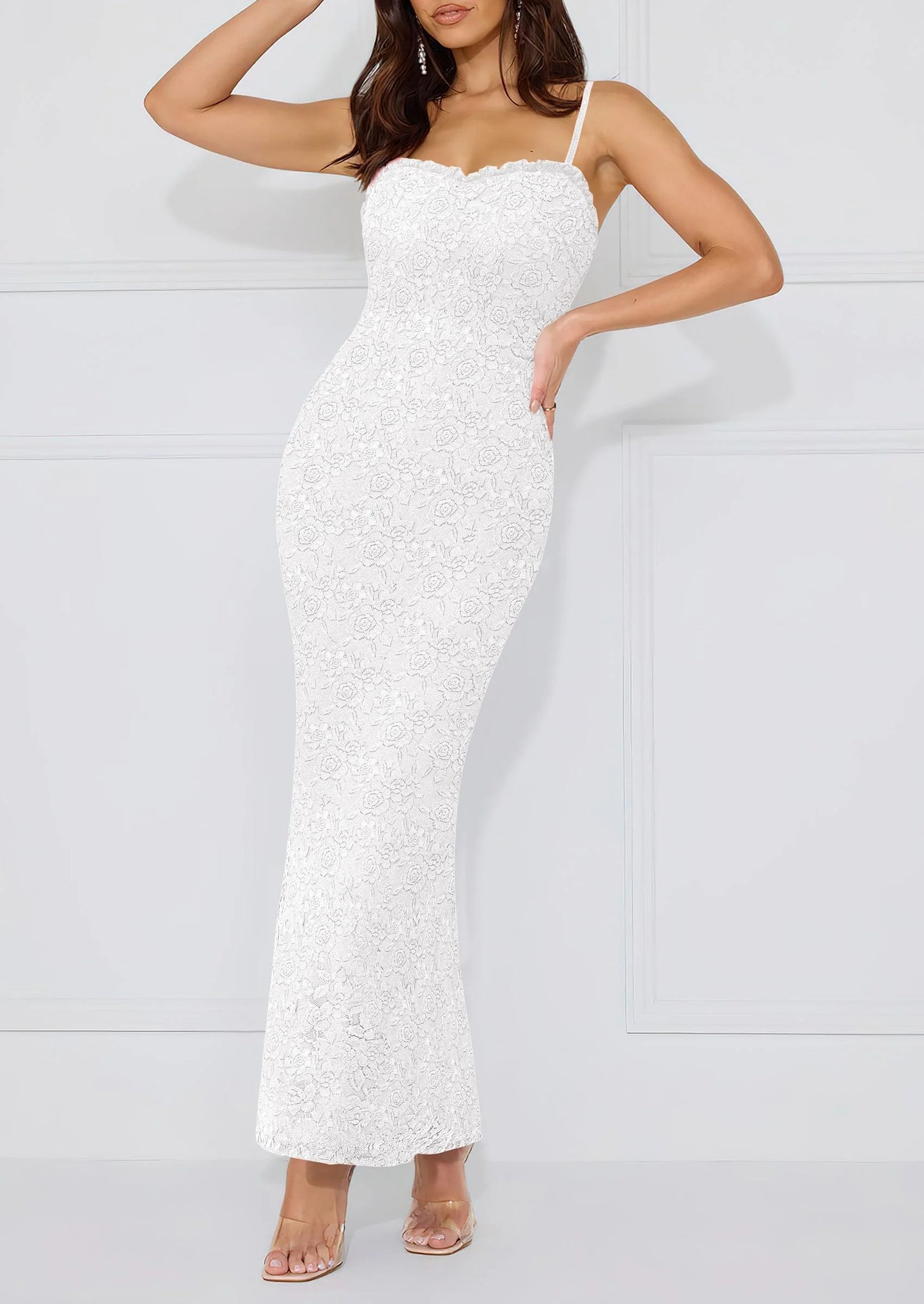 Women's Formal Prom Dress Spaghetti Strap Lace Floral Wedding Guest Evening Bodycon Dresses