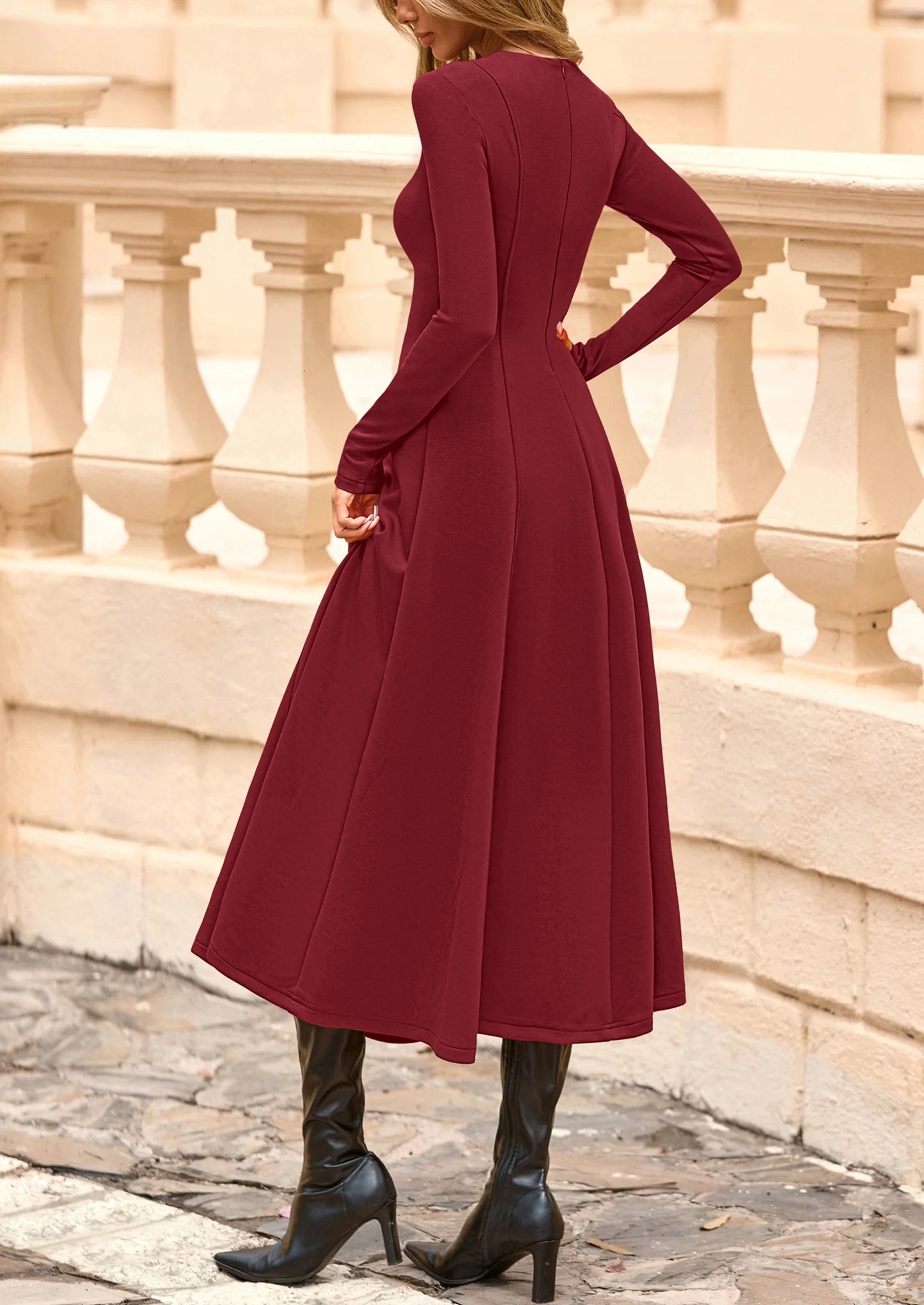 Women's Fall Long Sleeve Midi Dress Casual Elegant Ruffle Flowy A Line Swing Cocktail Party Dresses