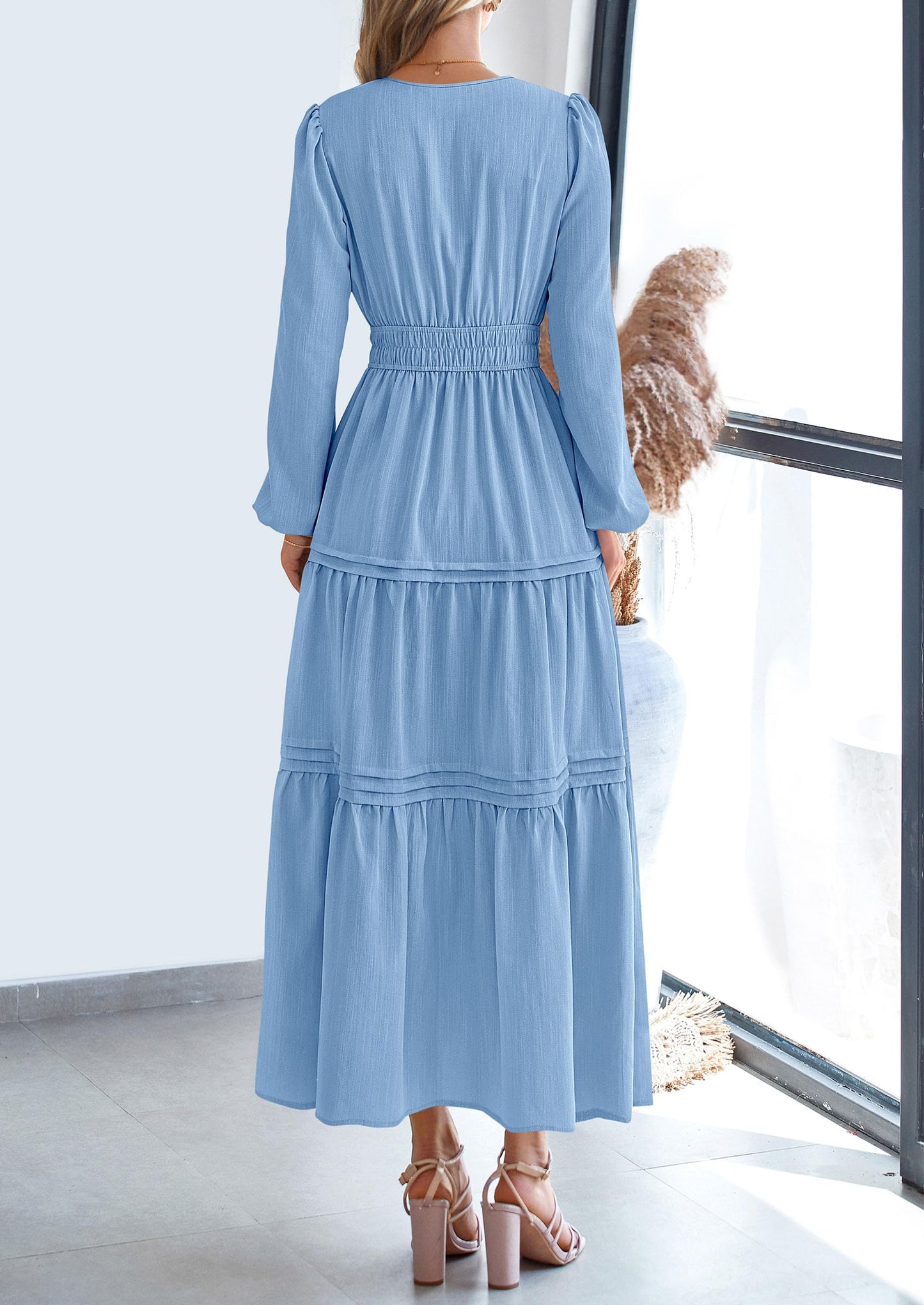 Women's Elegant Maxi Dresses Long Sleeve V Neck Flowy Pockets Casual Modest Dress Fall Fashion Clothes