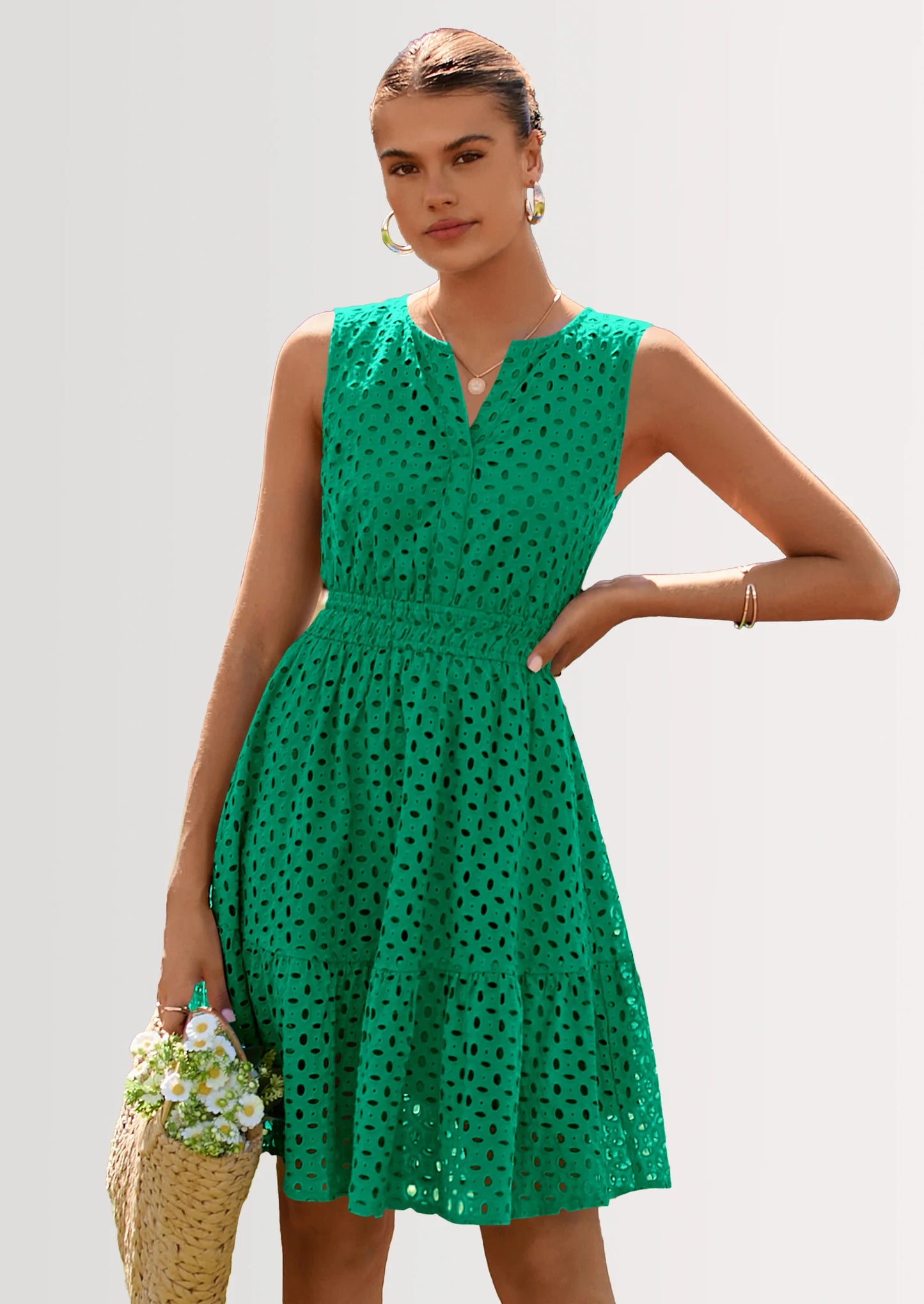 Women's Summer Dresses Sleeveless V Neck Eyelet Hollow Out Swing A Line Beach Vacation Sun Dress