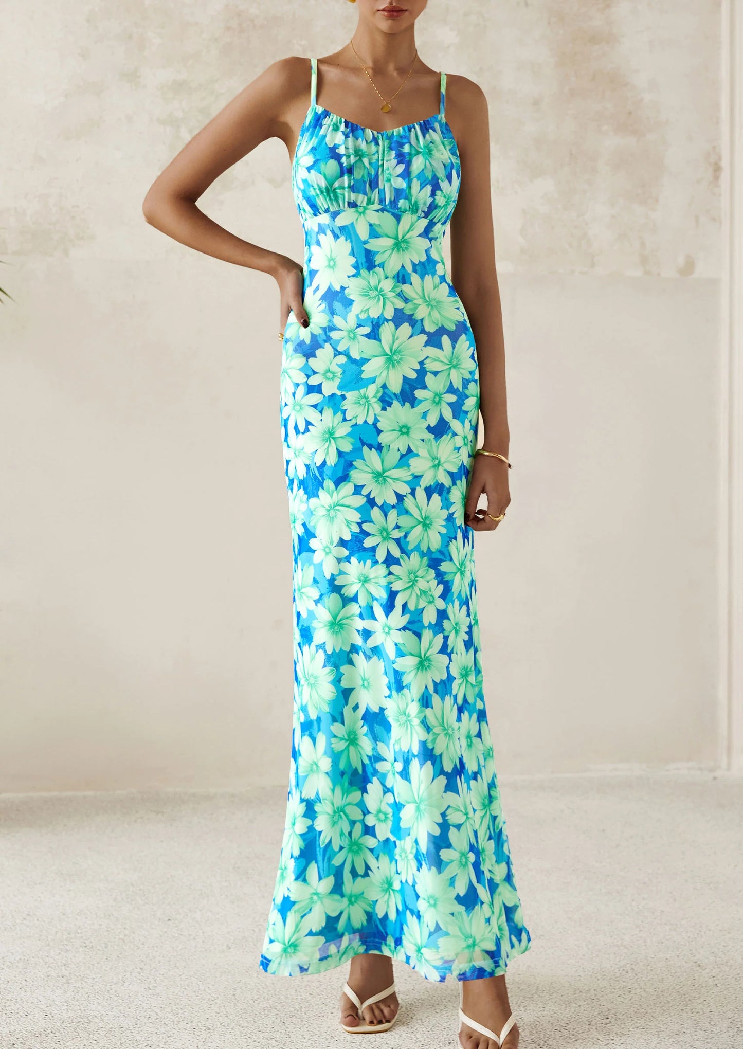 Women's Bodycon Maxi Dress Floral Sundress Sleeveless Spaghetti Strap Cocktail Party Dress