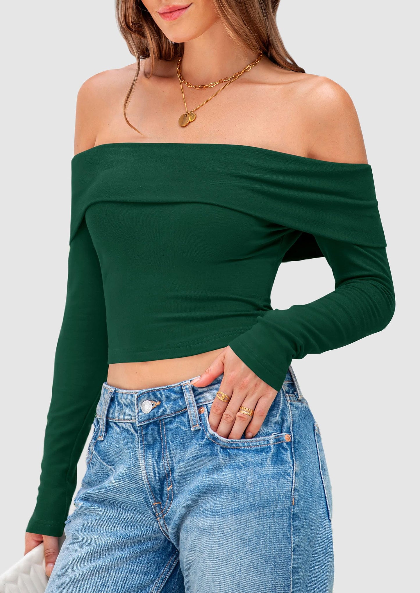 Off The Shoulder Tops for Women Long Sleeve Shirts Trendy Going Out Crop Top Spring Fashion Clothes