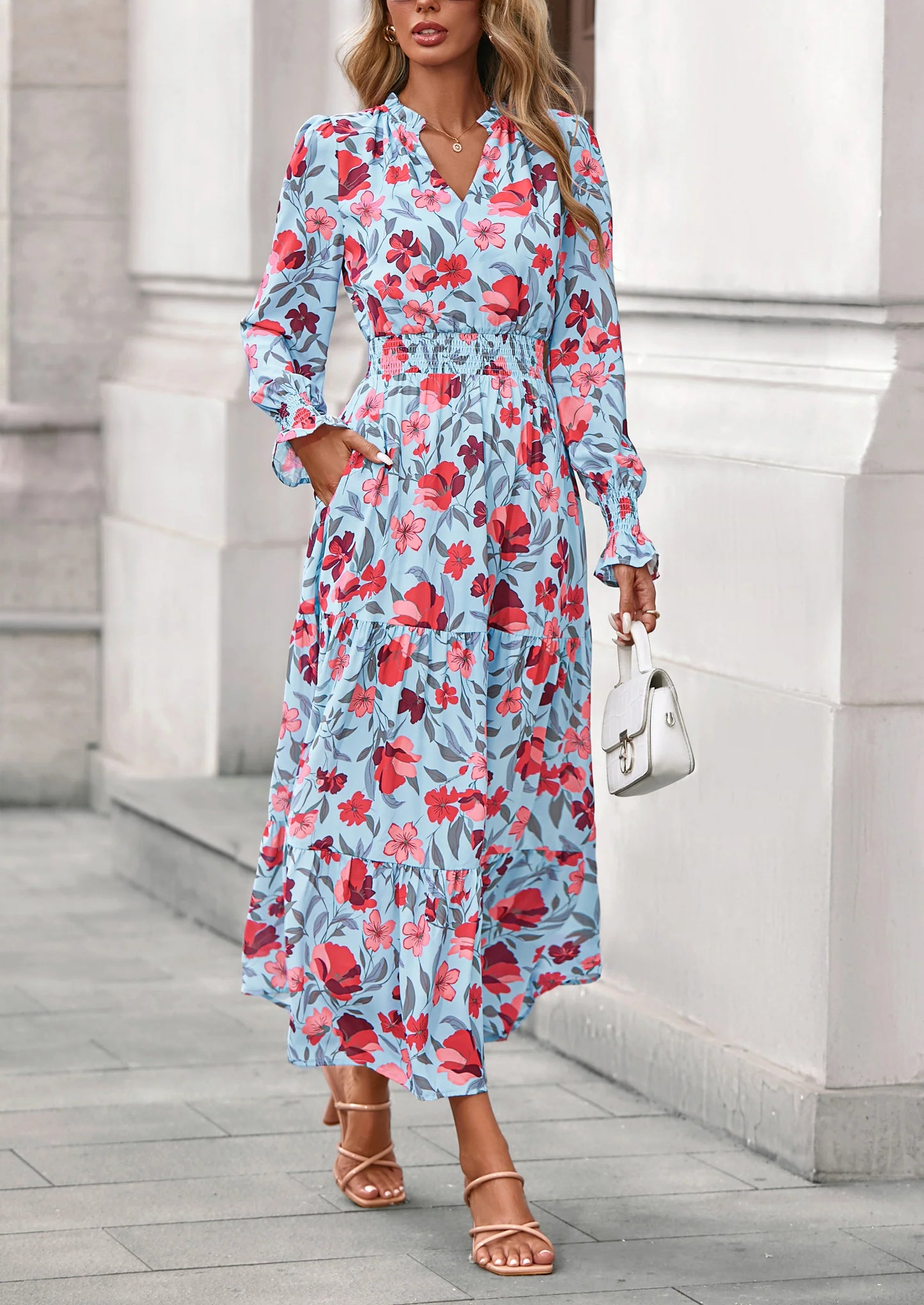 Women's Floral Maxi Dress Spring Long Sleeve V Neck Casual A Line Long Flowy Boho Party Dresses
