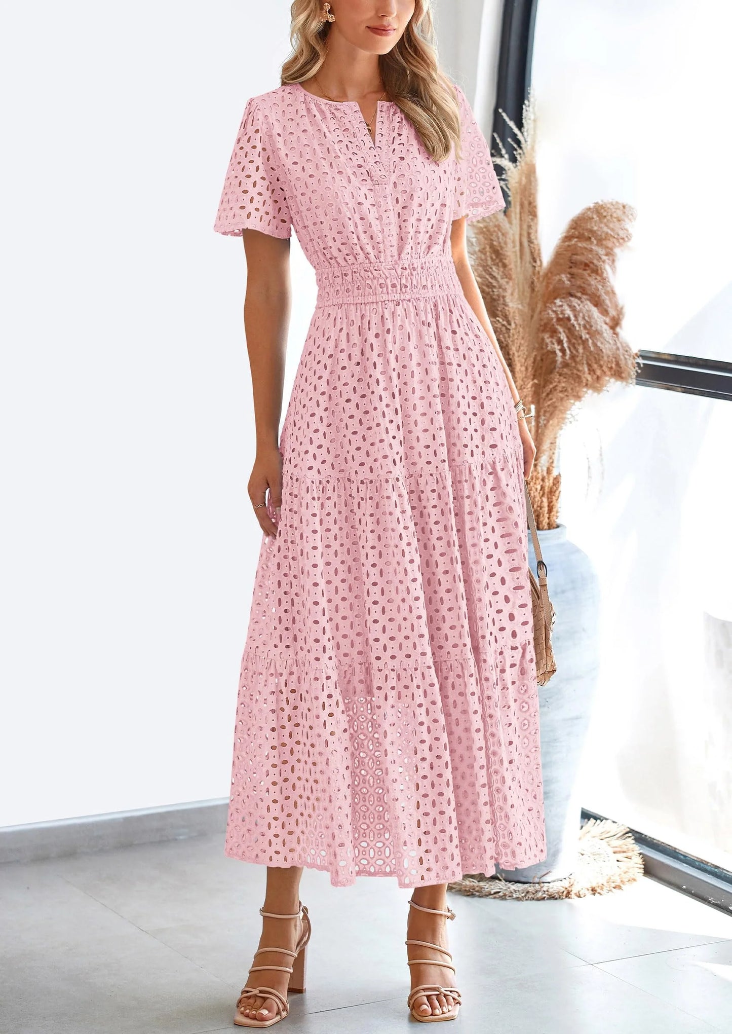 Womens Maxi Dress Short Sleeve V Neck Hollow Out Eyelet A Line Long Flowy Beach Vacation Dresses