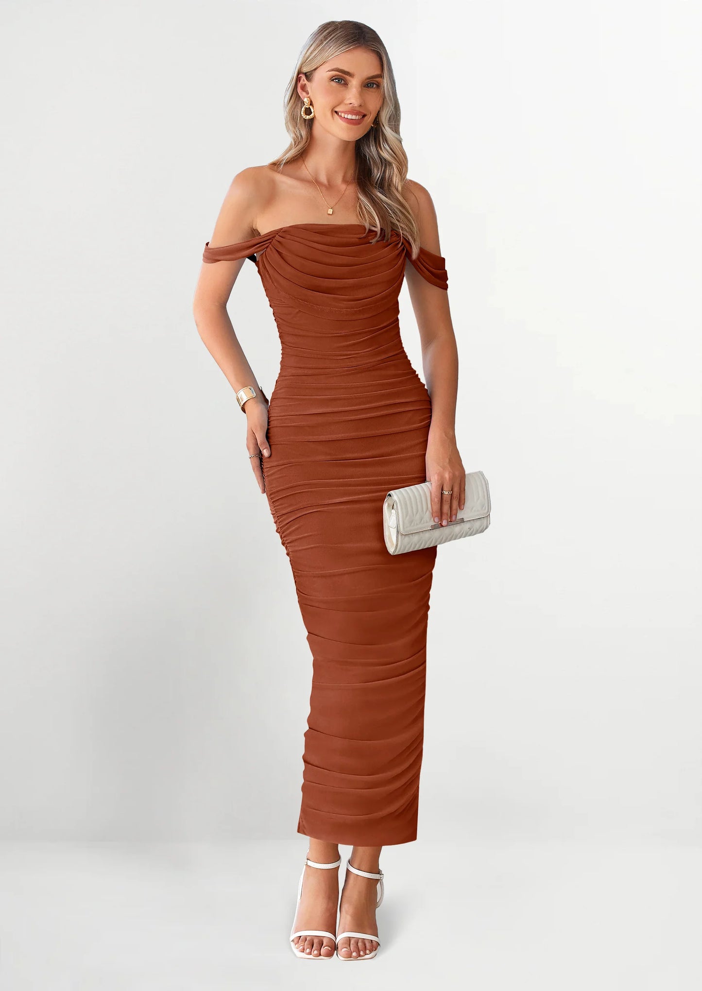 Womens Off The Shoulder Dress Ruched Bodycon Sleeveless Split Cocktail Party Maxi Dresses
