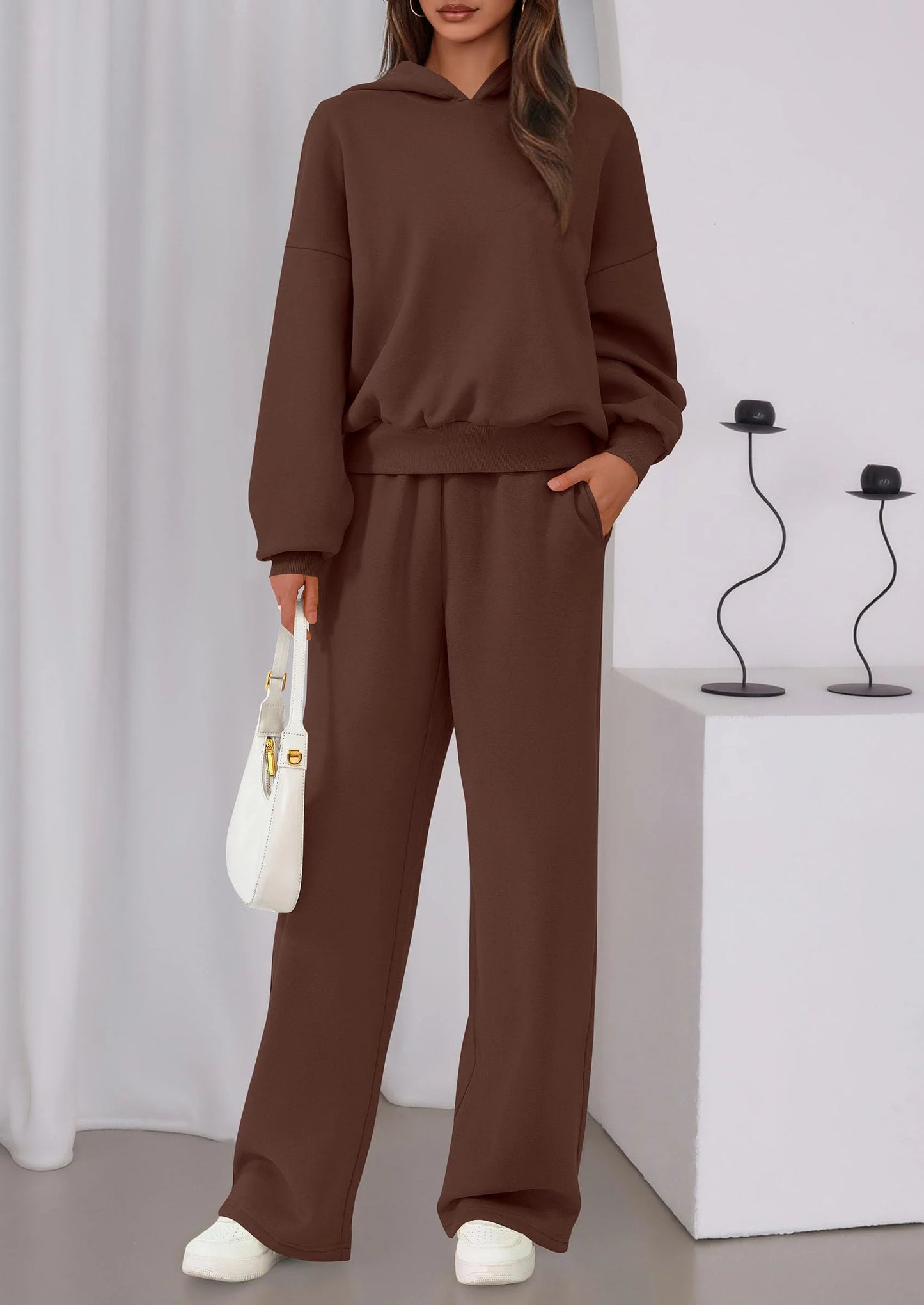 Womens Sweatsuits 2 Piece Set Casual Winter Long Sleeve Hoodie Loose Wide Leg Sweatpants Fall Tracksuit
