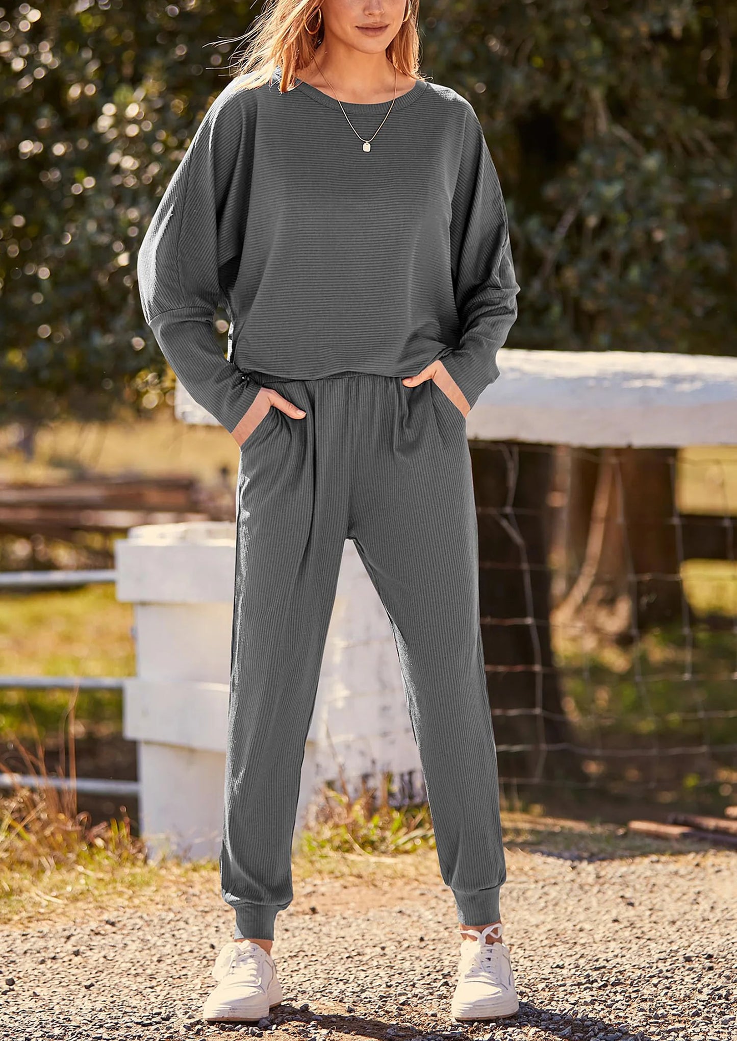 Women's Fall 2 Piece Lounge Set Long Sleeve Tops Ribbed Pants Spring Matching Sweatsuit Travel Outfits Clothes