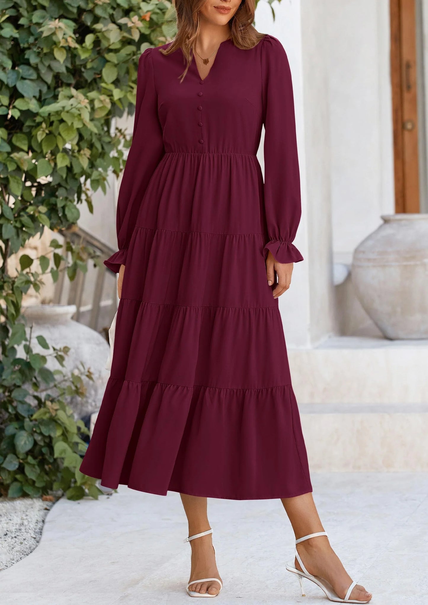 Women Fall Long Sleeve Smocked Maxi Dress Casual Square Neck Swiss Dot Tiered Ruffle Flowy Spring Pocket Dresses