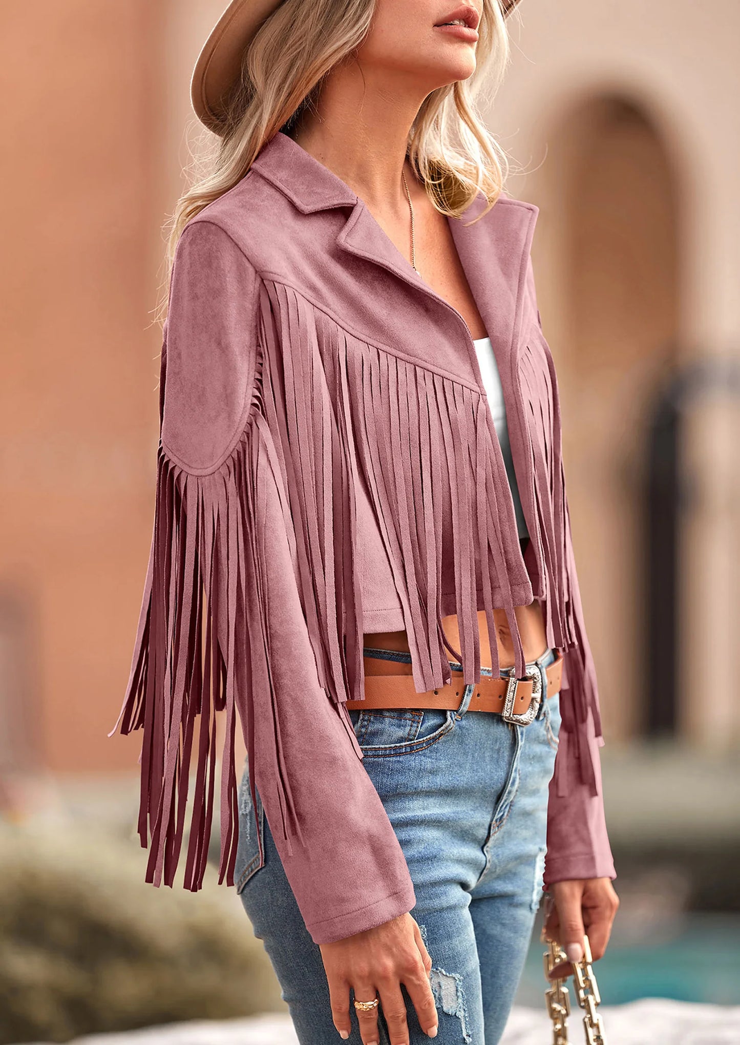 Women's Fringe Faux Suede Leather Jackets Fashion Tassel Motorcycle Cropped Coats