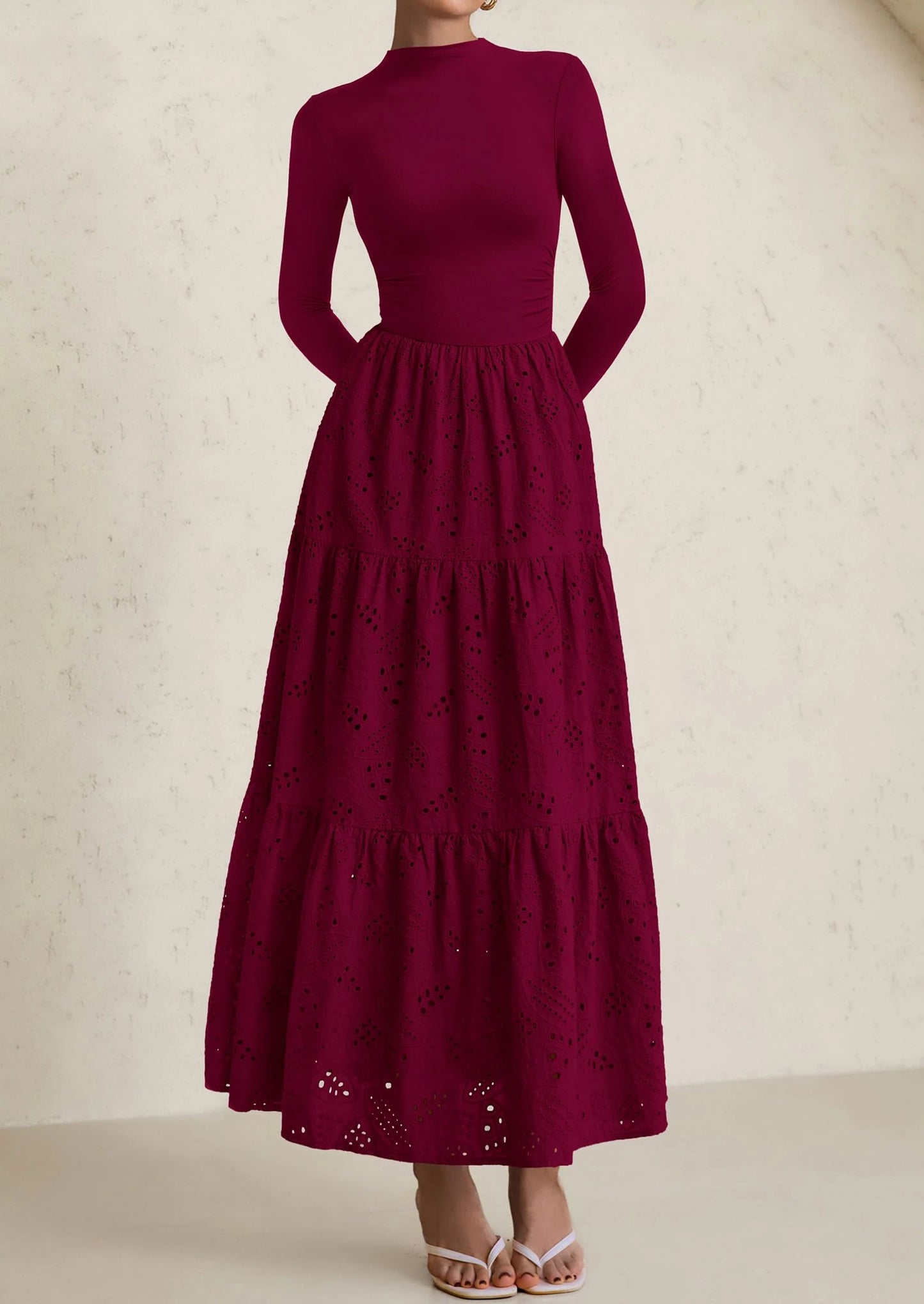 Long Sleeve Dress for Women Fall Eyelet Mock Neck A Line Elegant Classy Maxi Wedding Guest Dresses Pockets