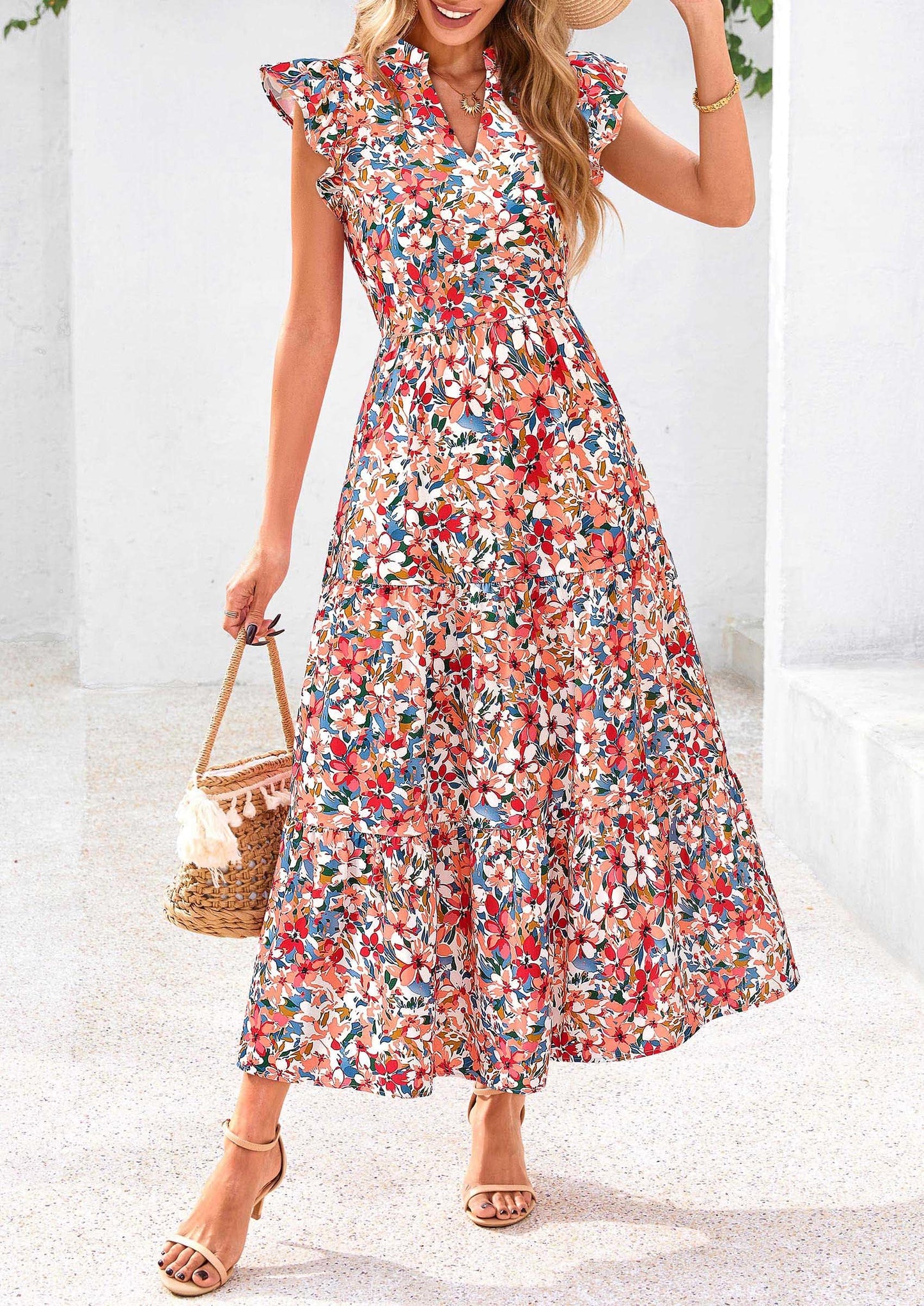 Women's Summer Floral Midi Dress Cap Sleeve V Neck Ruffle Long Flowy Boho Casual Beach Vacation Dresses