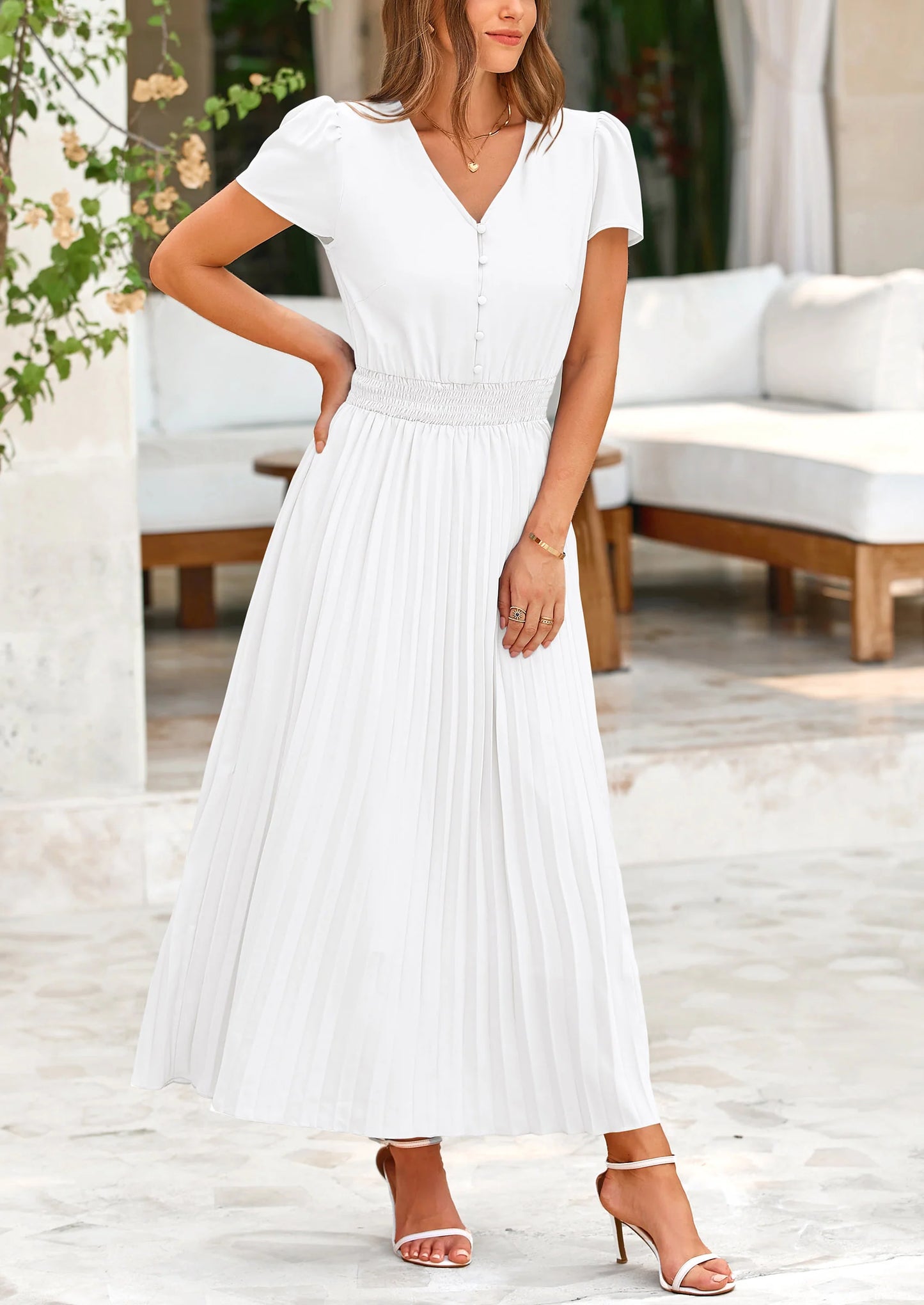 Women's Maxi Dresses Summer Trendy Cap Short Sleeve Button V Neck Casual Flowy Pleated Long Dress