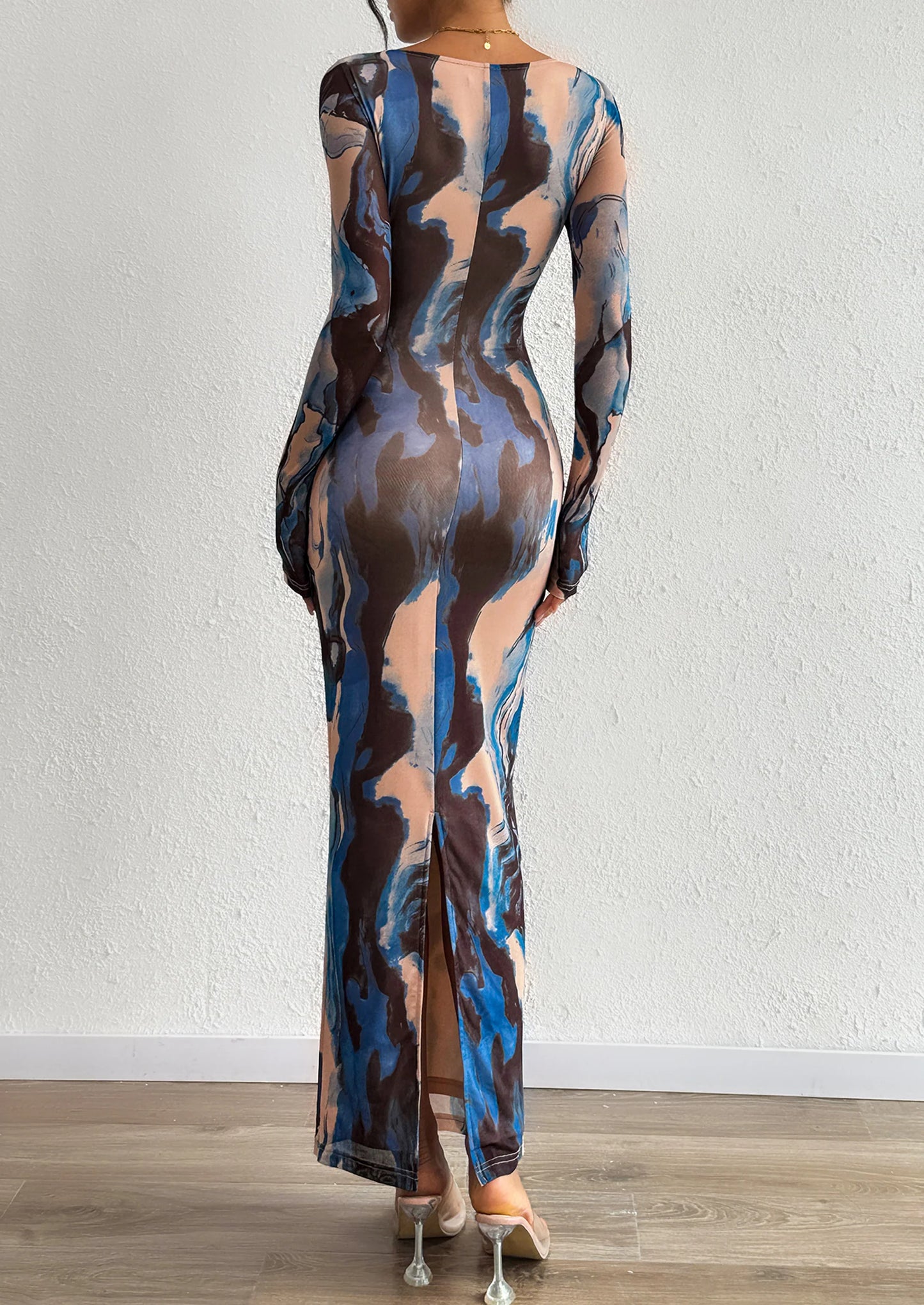 Bodycon Maxi Dress Fall Floral Long Sleeve Sexy Mesh Cocktail Wedding Guest Long Dresses