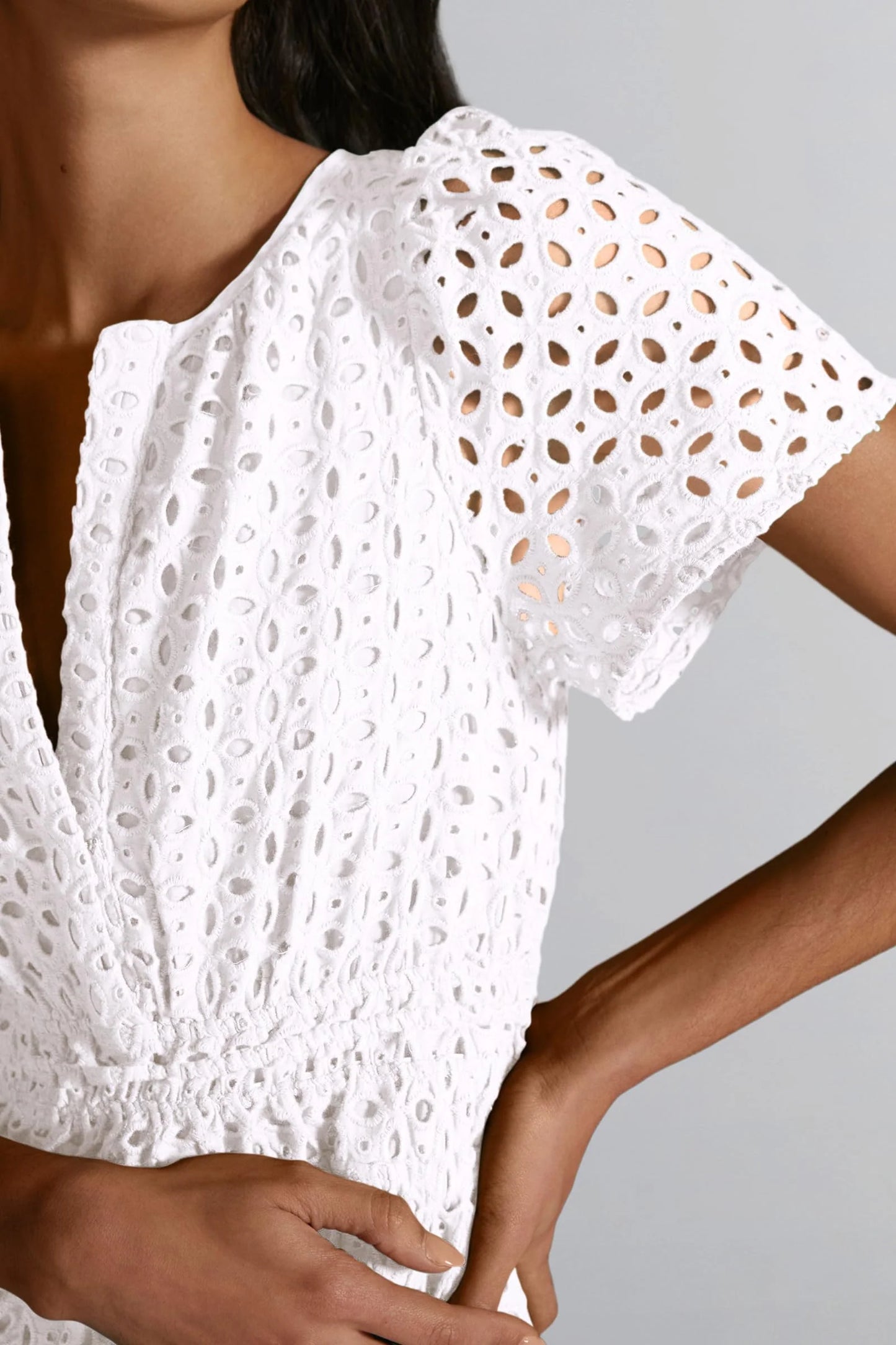 Women Summer Short Dress V Neck Short Sleeve A Line Hollow Out Lace Ruffle Cute Casual Beach Party Dresses