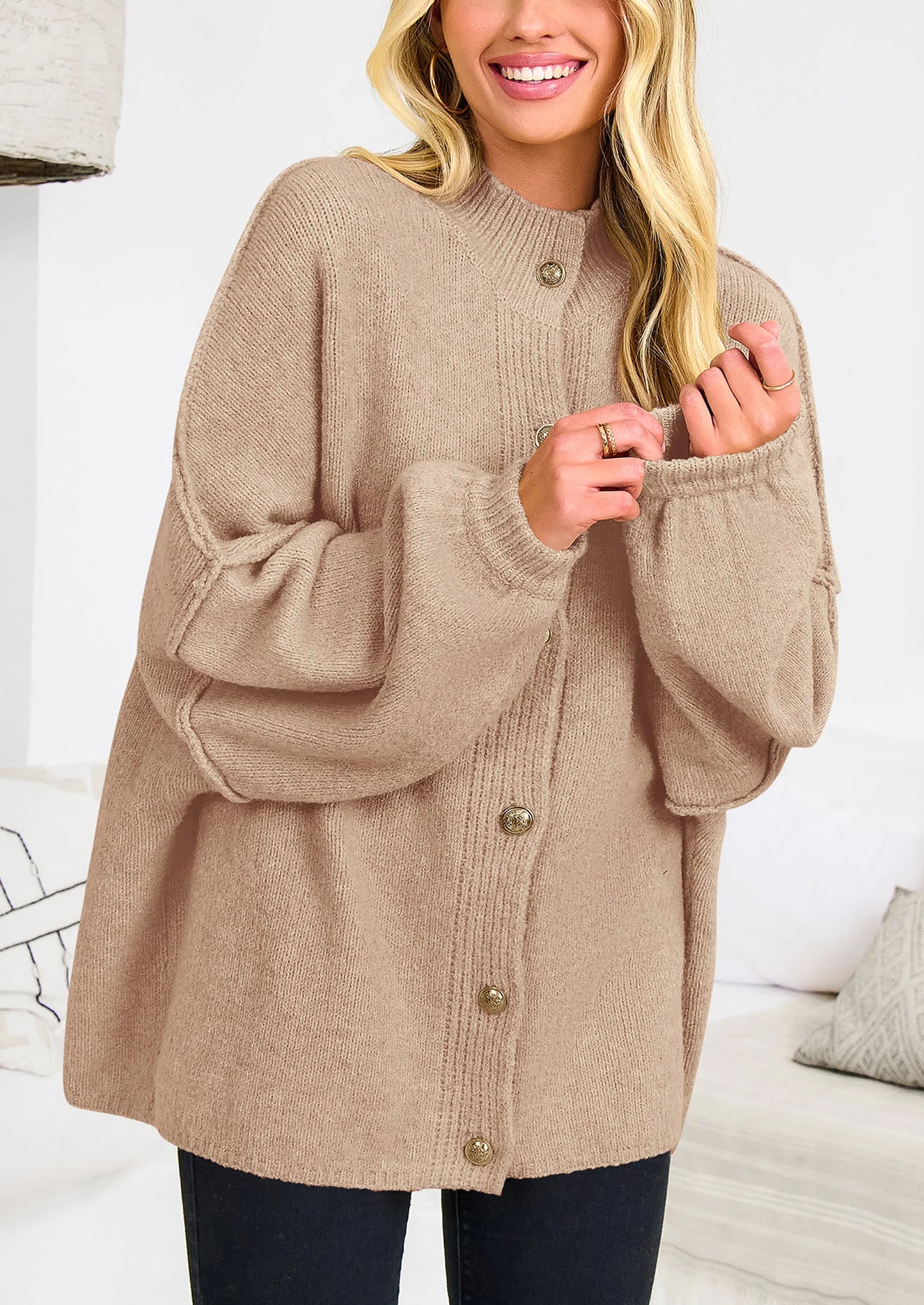 Women's Winter Button Down Cardigan Sweaters Mock Neck Lantern Long Sleeve Chunky Knit Jacket Trendy Outerwear