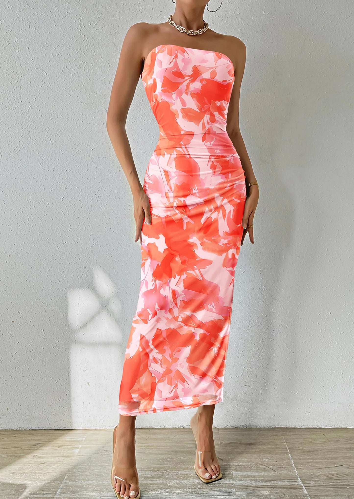 Women's Maxi Bodycon Dresses Strapless Tube Top Slit Floral Printed Party Club Long Dress