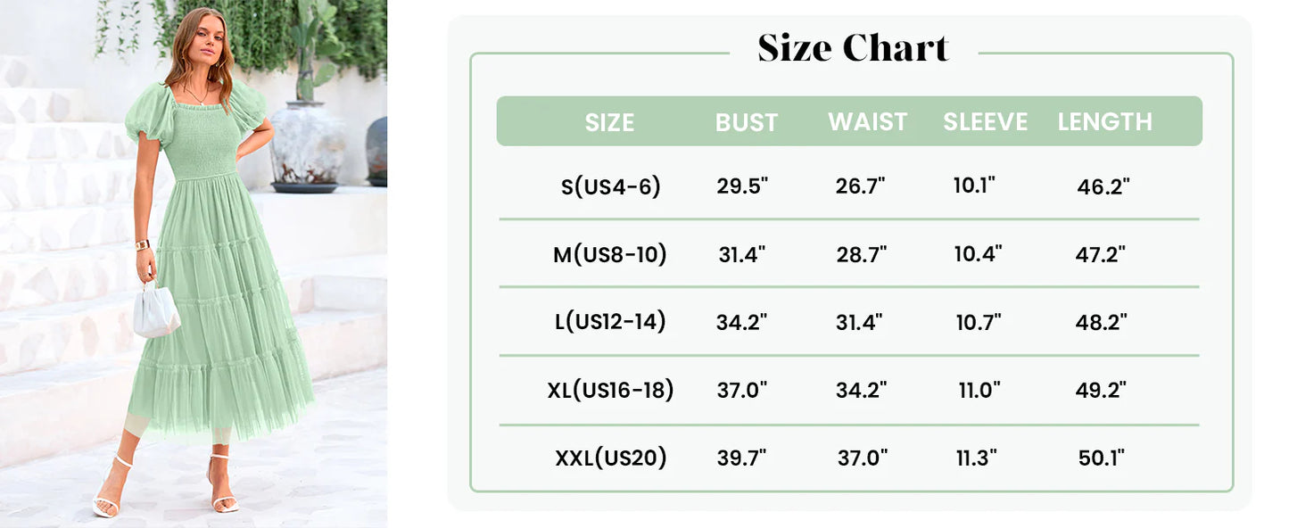 Women's Smocked Tulle Midi Dress Square Neck Puffy Short Sleeve Ruffle Wedding Guest Party Dresses