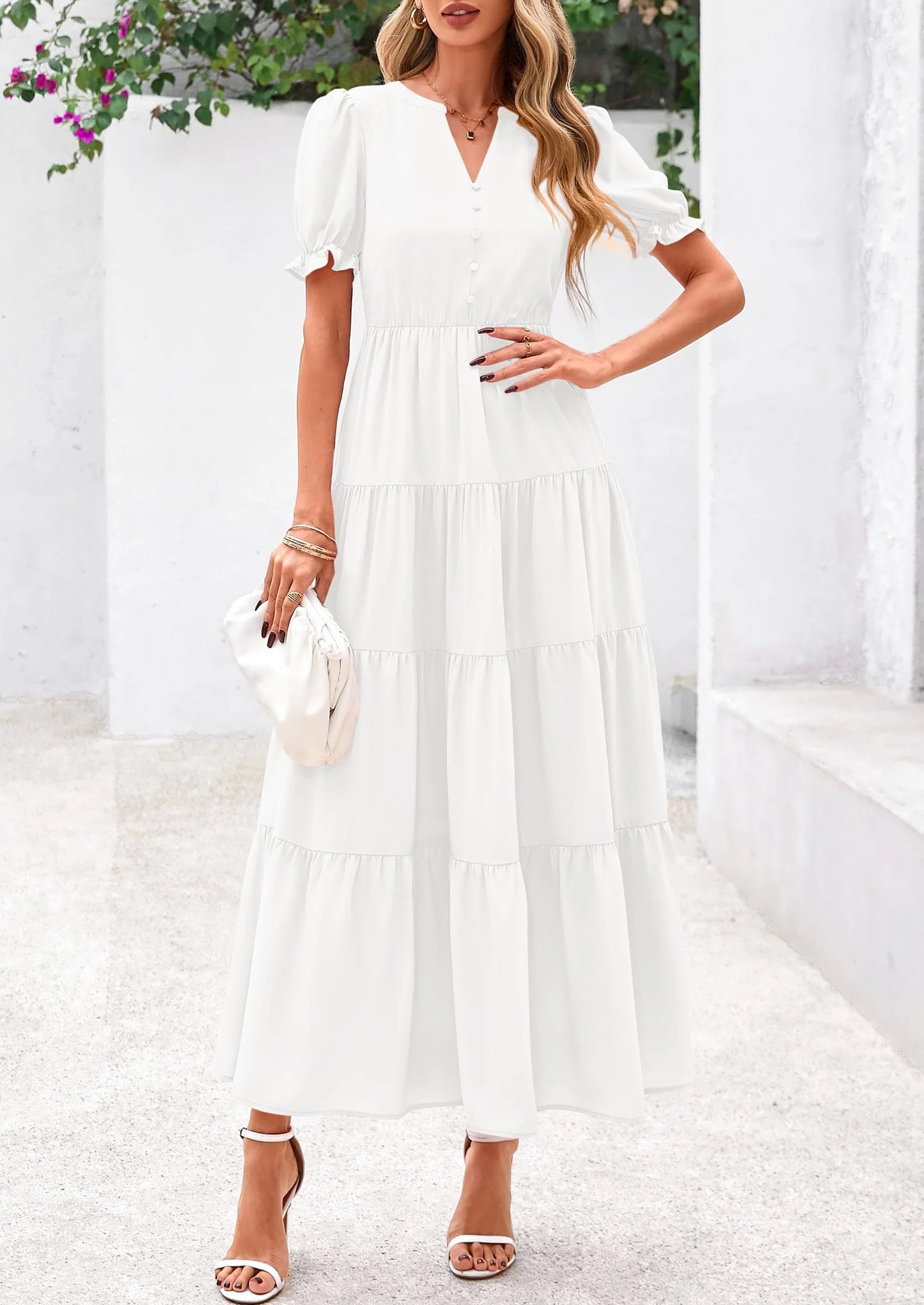 Women's Casual Short Sleeve V Neck Midi Dresses Spring A-line Tiered Wedding Guest Dress