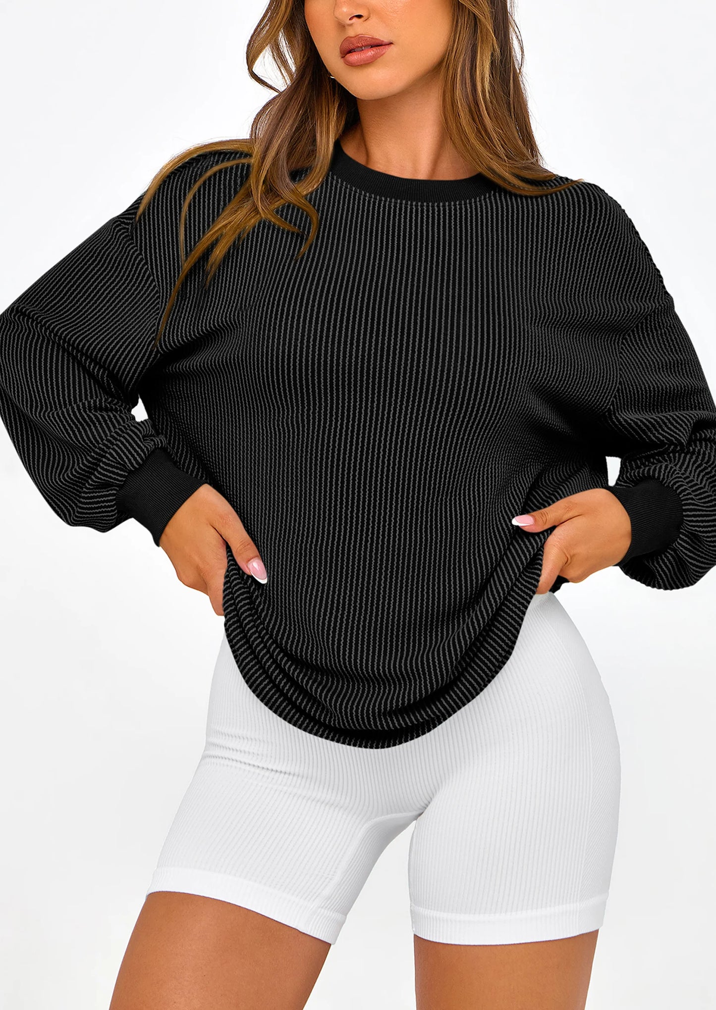 Women's Long Sleeve Tee Shirts Spring Fall Trendy Clothes Casual Loose Crewneck Ribbed Blouse Tunic Tops
