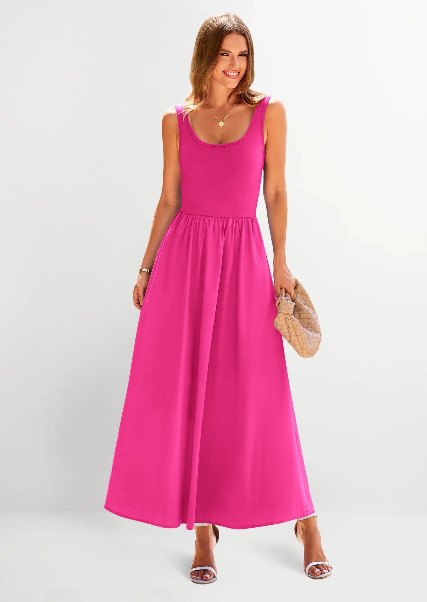 Womens Summer Casual Scoop Neck Sleeveless Long Dresses Tank Top Patchwork Aline Swing Maxi Dress with Pockets