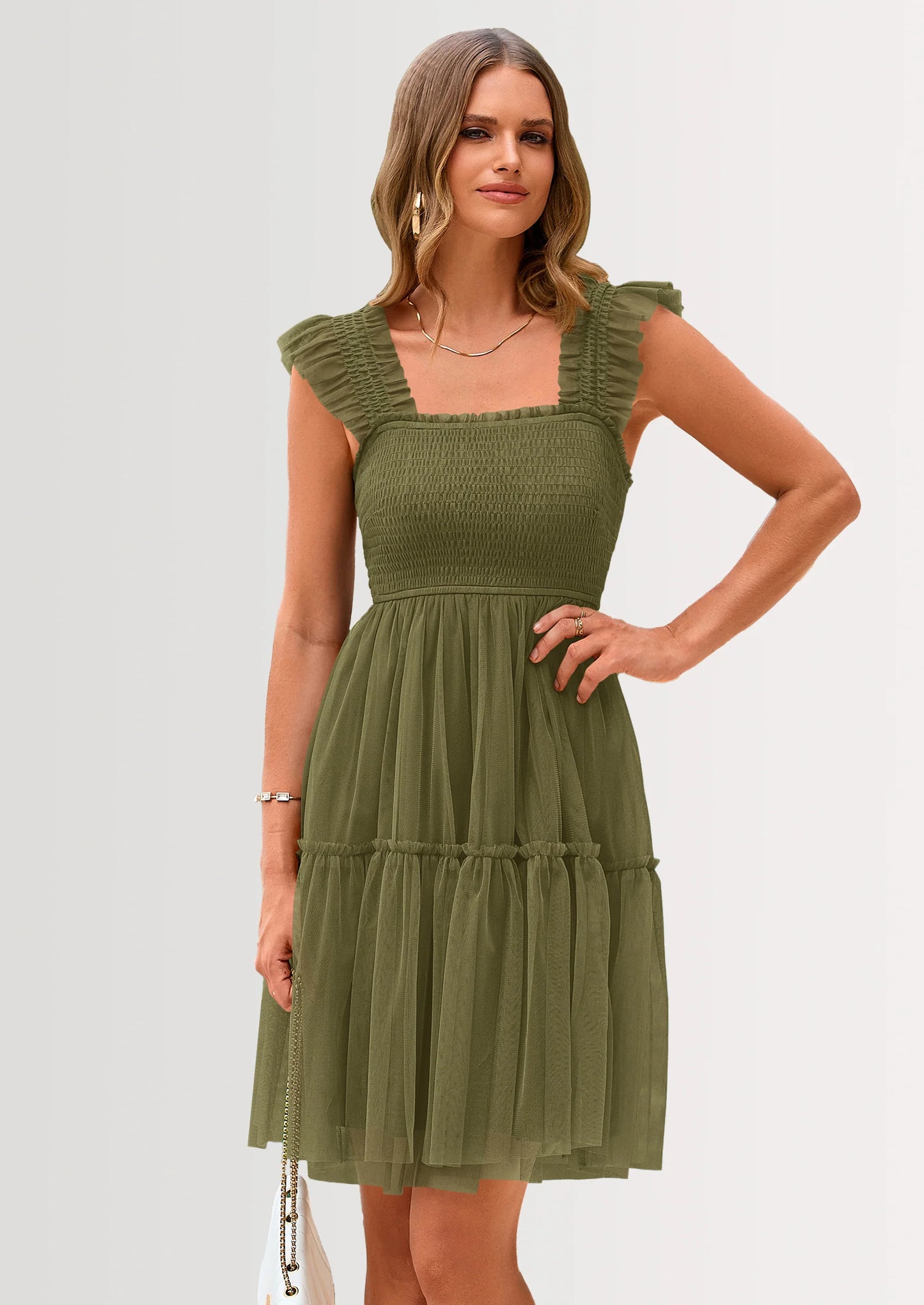 Womens Trendy Mini Summer Dresses Sleeveless Tulle Ruffle Square Neck Tiered Smocked Beach Vacation Dress