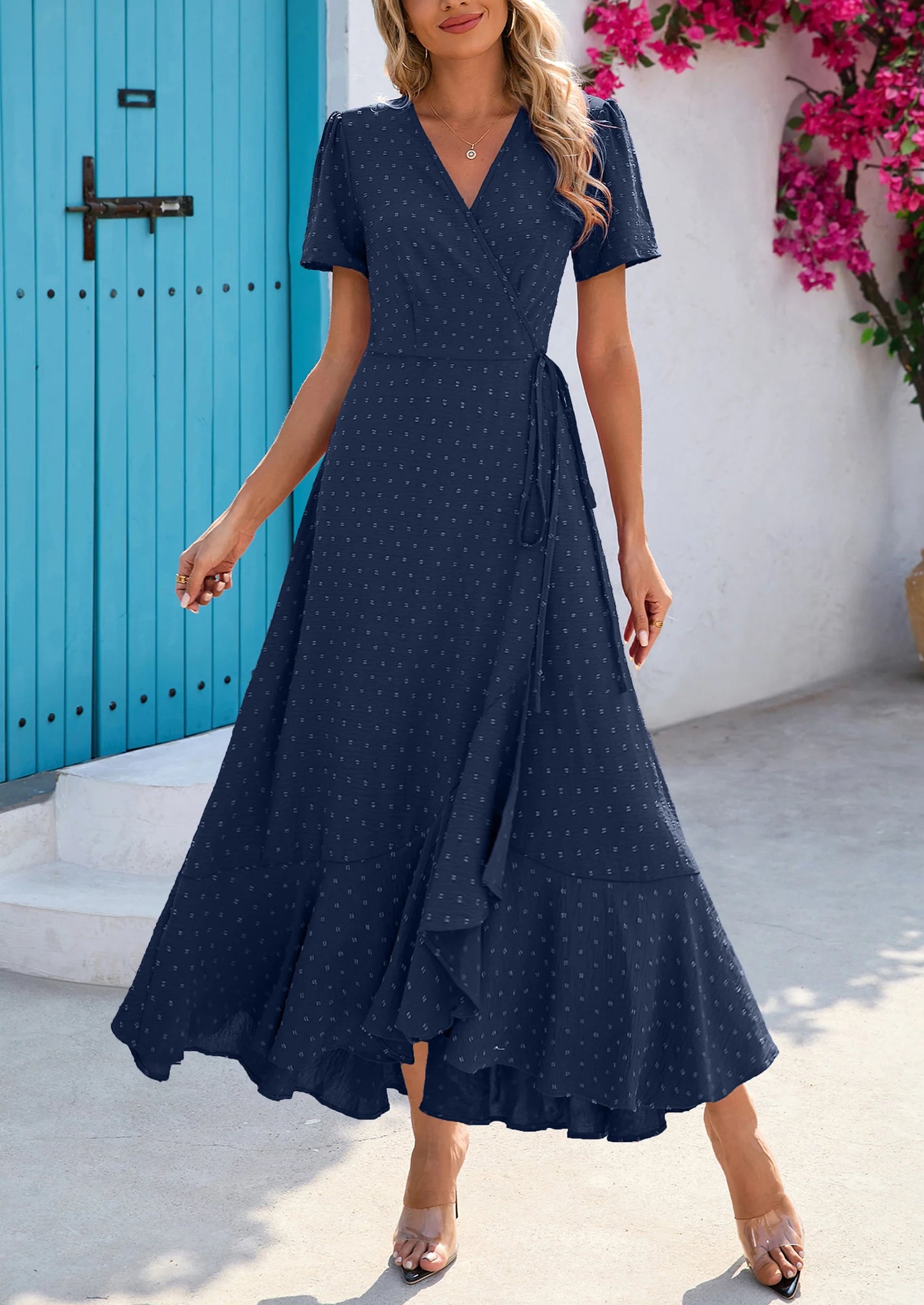 Women's Summer Maxi Dress Casual Wrap Floral Boho Short Sleeve V Neck Split Ruffle Beach Long Dresses