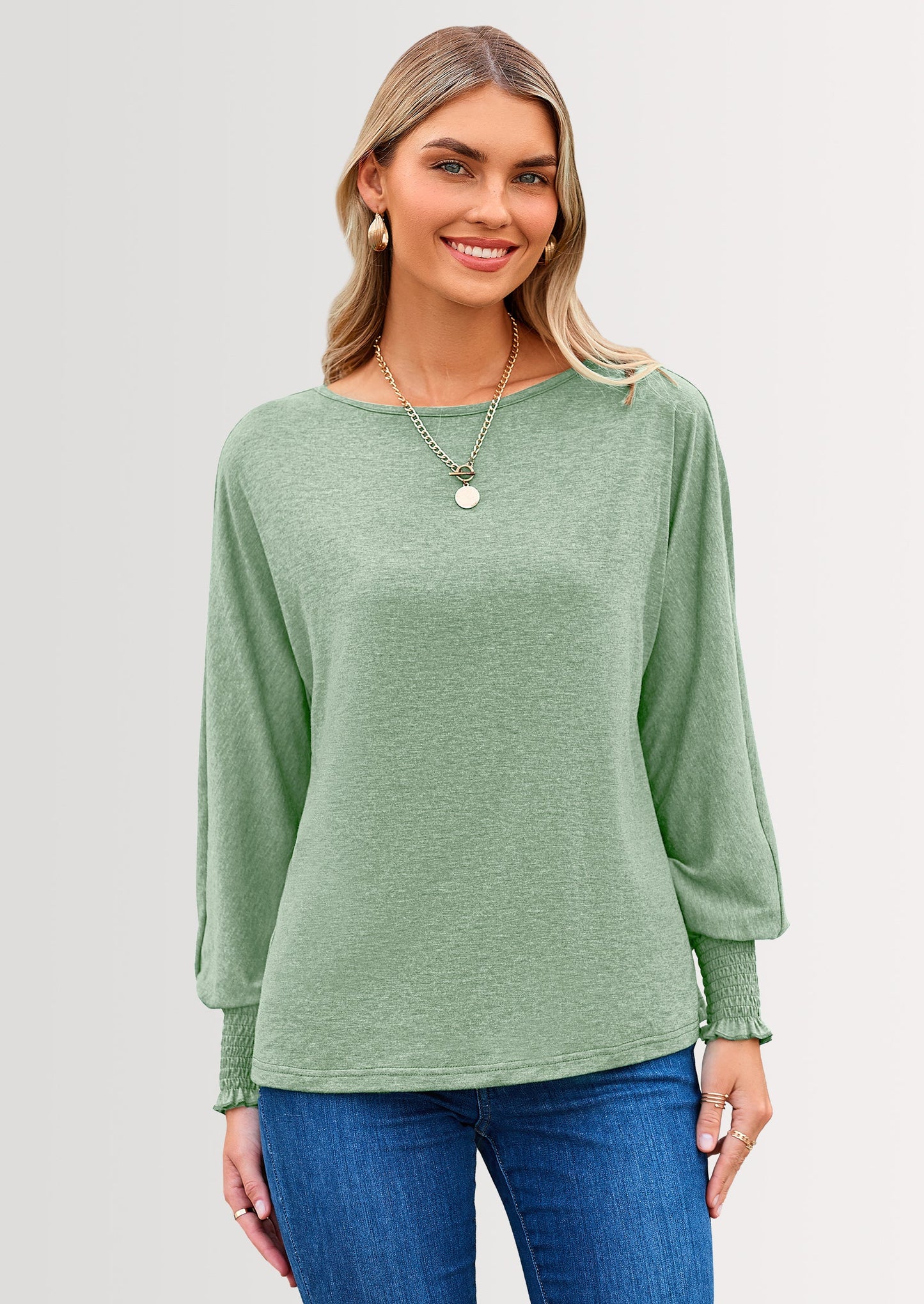 Women's Spring Fashion T Shirts Puff Long Sleeve Crewneck Casual Basic Tee Tops Blouses