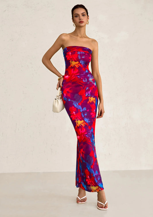 Womens Printed Tube Maxi Dress Strapless Bodycon Sleeveless Night Out Long Dresses