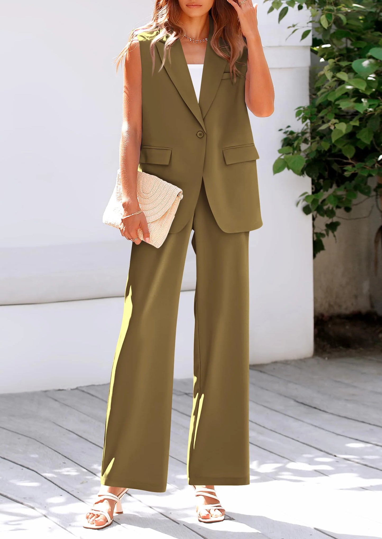 Women's 2 Piece Outfits Sleeveless Suit Vest and Wide Leg Pants Business Casual Blazer Sets