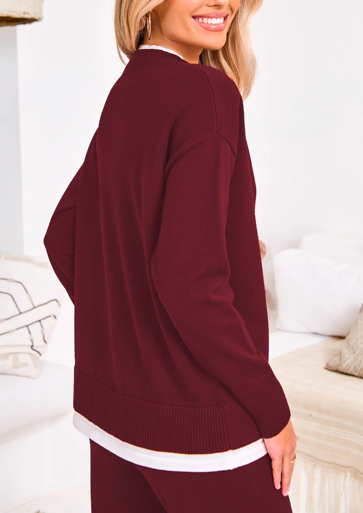 Two Piece Matching Sweater Lounge Sets Knit Long Sleeve Pullover Tops Wide Leg Pants