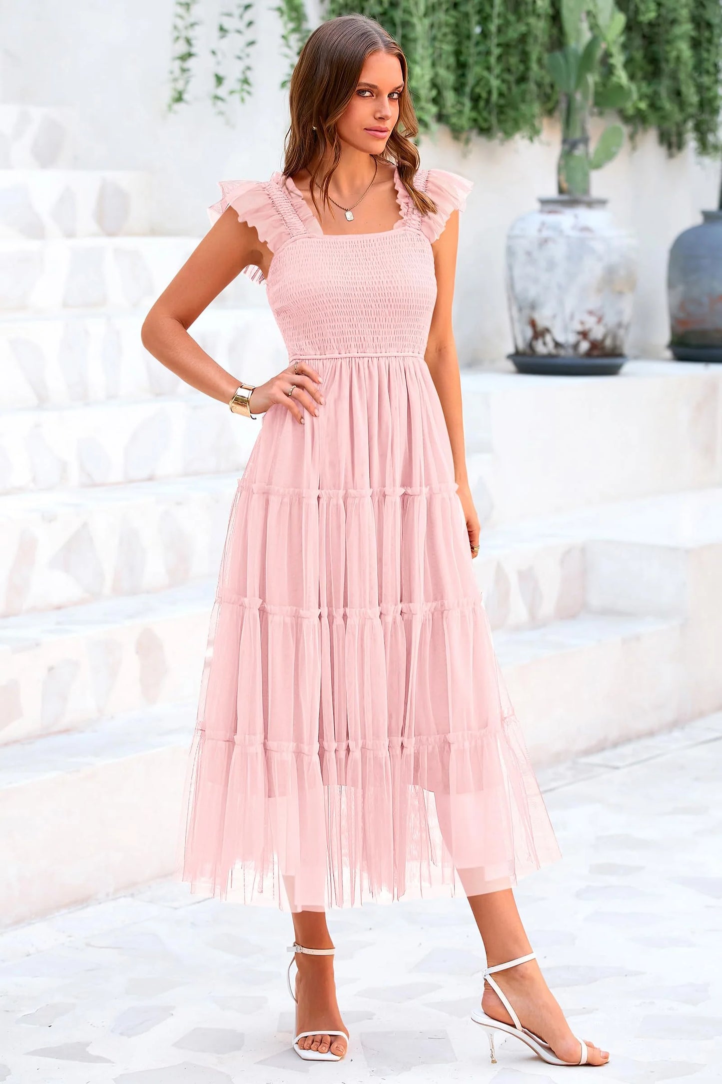 Women's Tulle Midi Dress Sleeveless Smocked Ruffle Mesh Flowy Dresses Party Wedding Guest Sundress