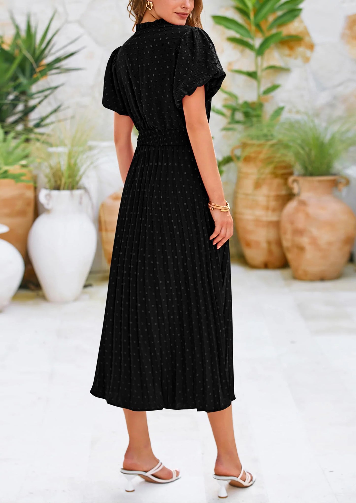 Womens Midi Dresses Puff Short Sleeve V Neck Swiss Dot Pleated A Line Flowy Long Wedding Guest Dress