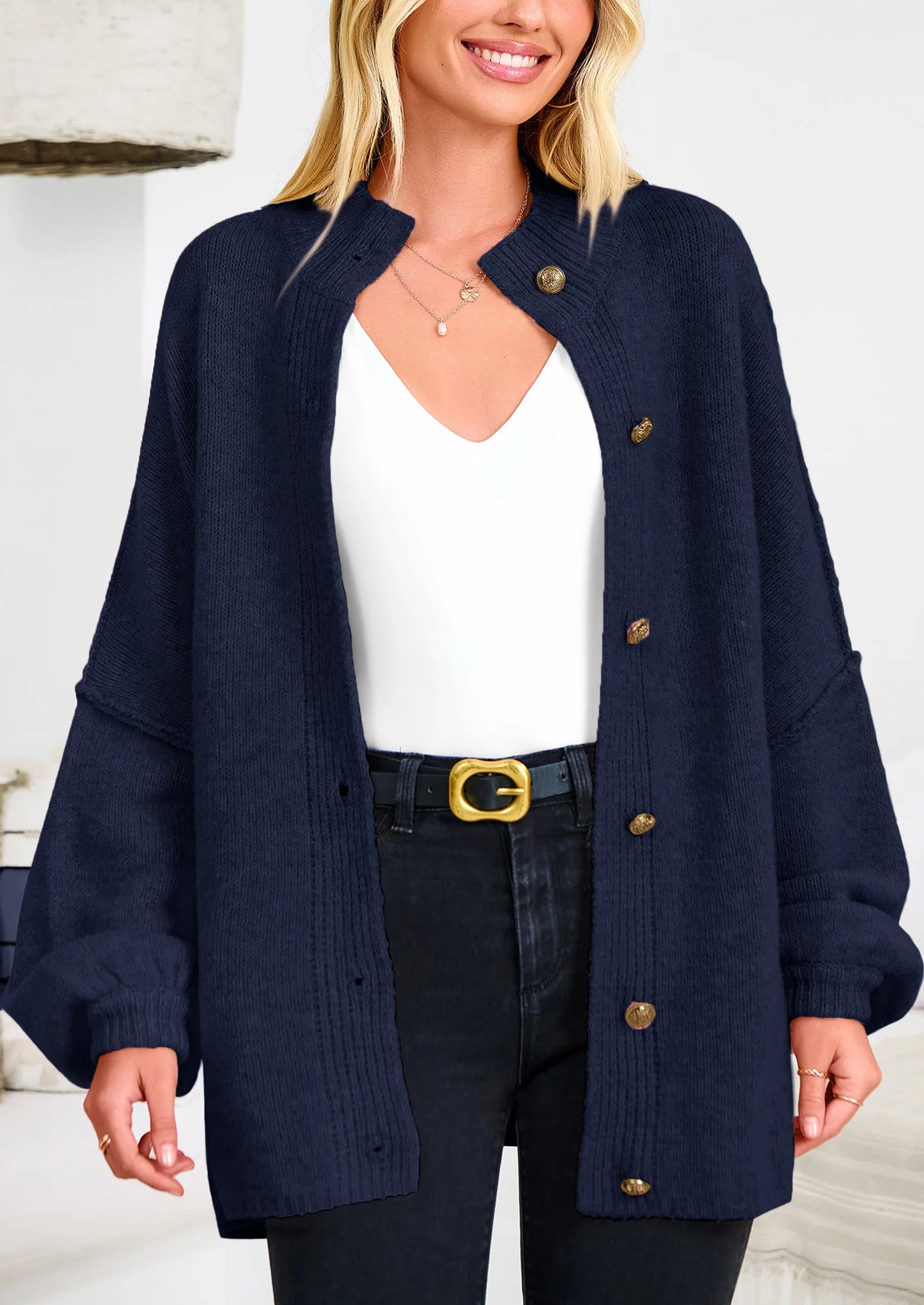 Women's Winter Button Down Cardigan Sweaters Mock Neck Lantern Long Sleeve Chunky Knit Jacket Trendy Outerwear