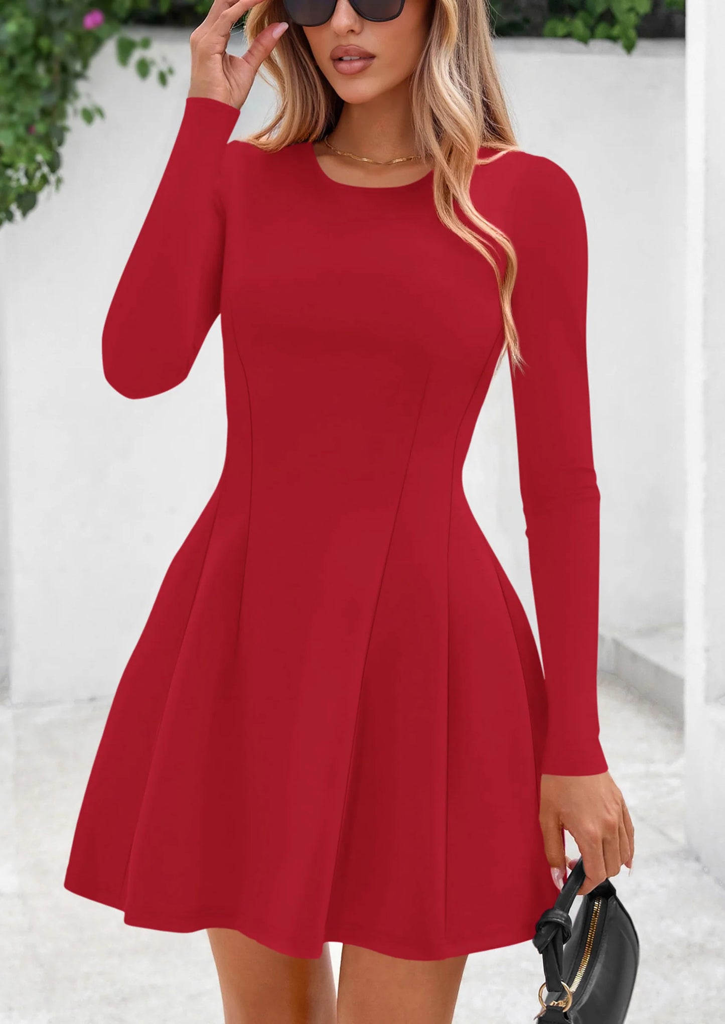 Long Sleeve Mini Dress for Women Fall Crewneck Knit Pleated Babydoll A Line Soft Casual Short Party Dresses