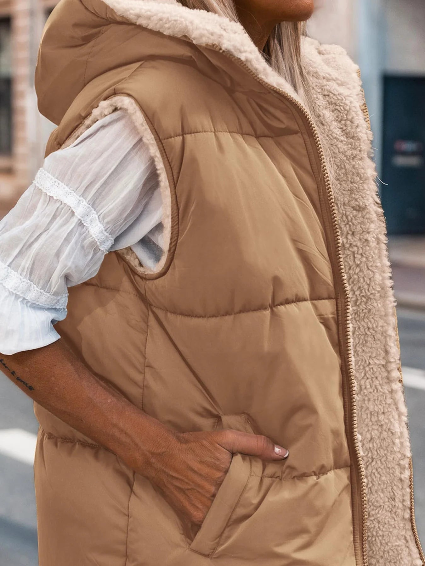 Womens Fall Reversible Vests Sleeveless Fleece Jacket Zip Up Hoodie Pockets Long Warm Winter Coat Outerwear