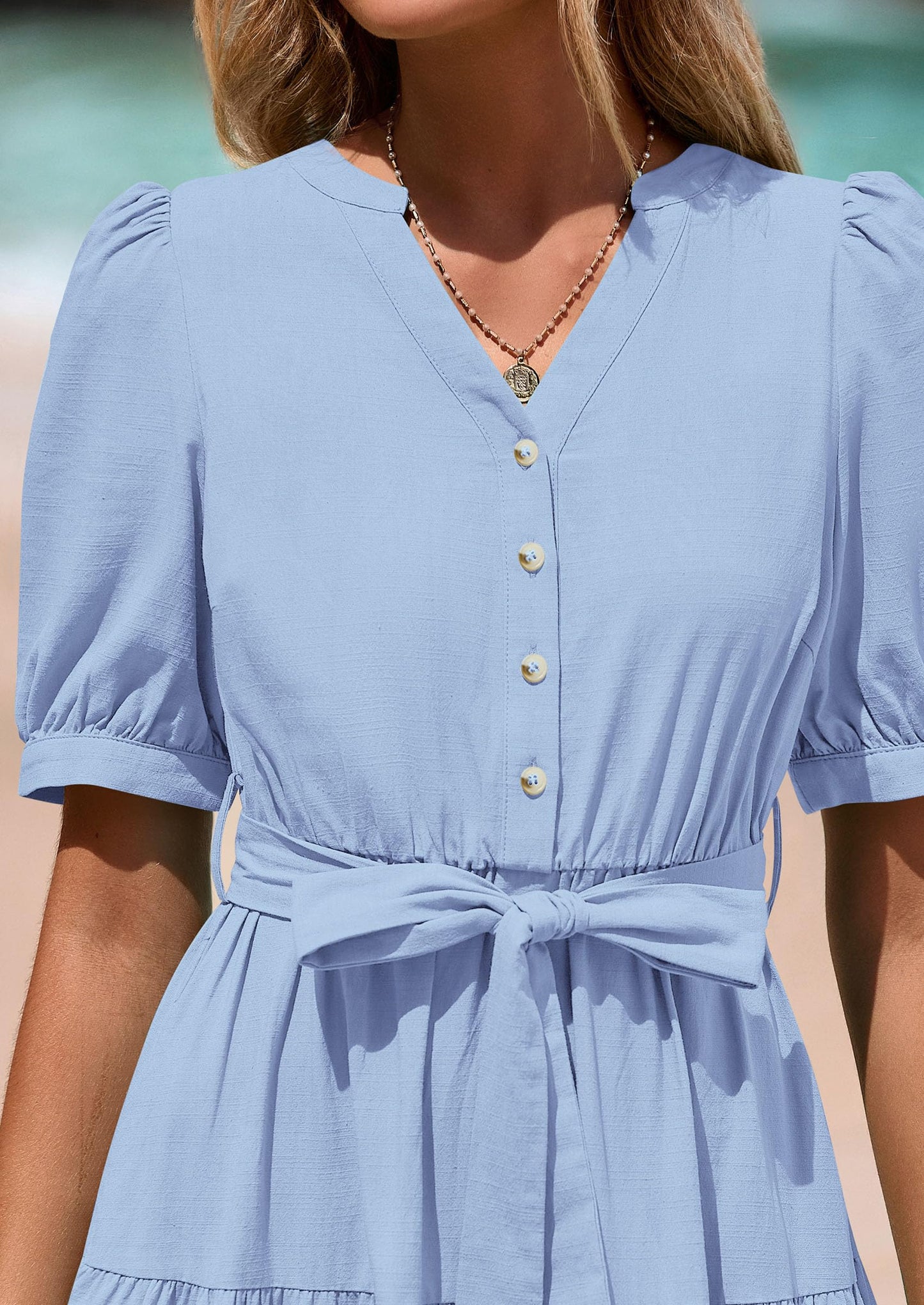Women's Midi Dress Casual Short Sleeve V Neck Buttons Belted Ruffle A Line Flowy Dress with Pockets