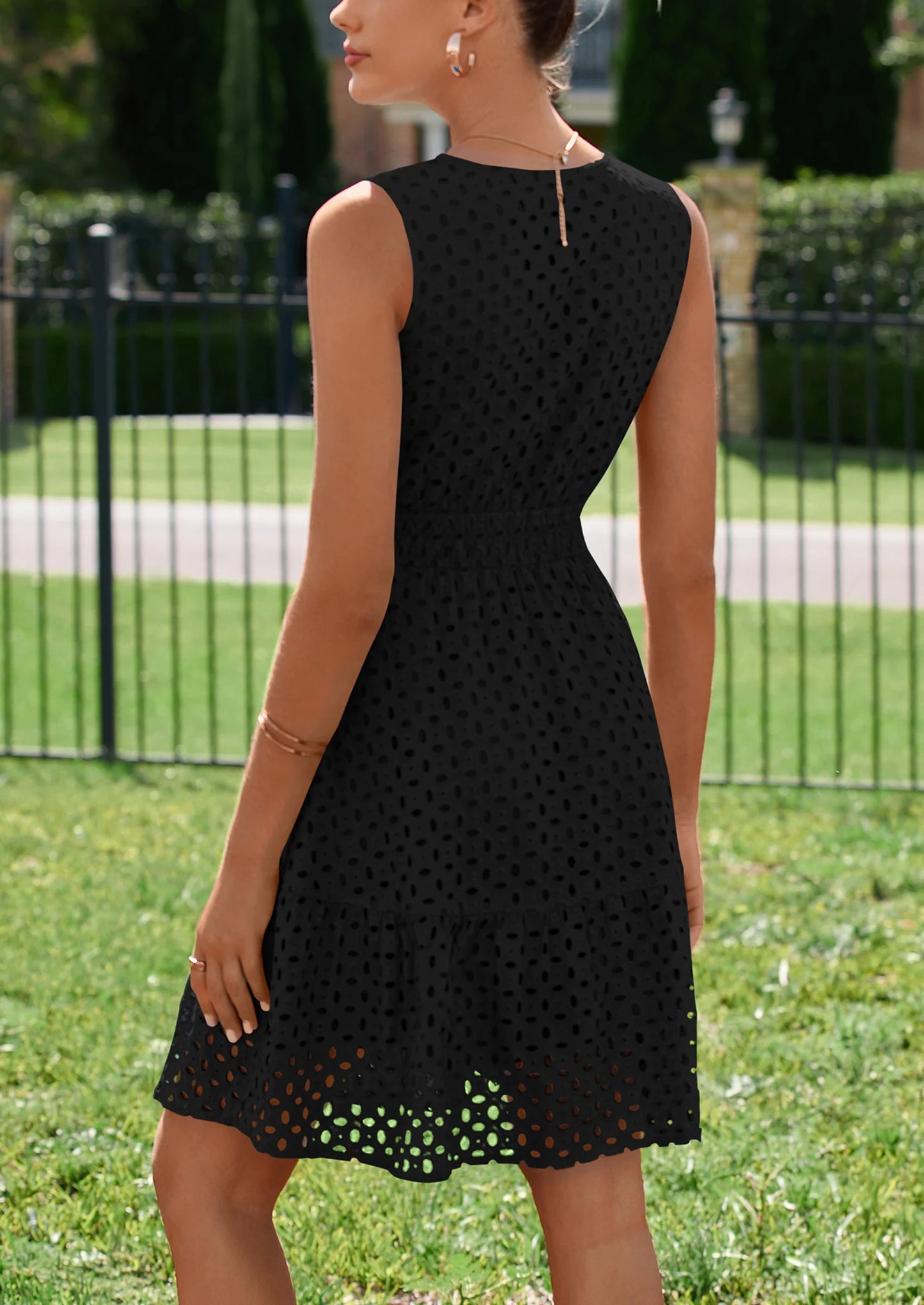 Women's Summer Dresses Sleeveless V Neck Eyelet Hollow Out Swing A Line Beach Vacation Sun Dress